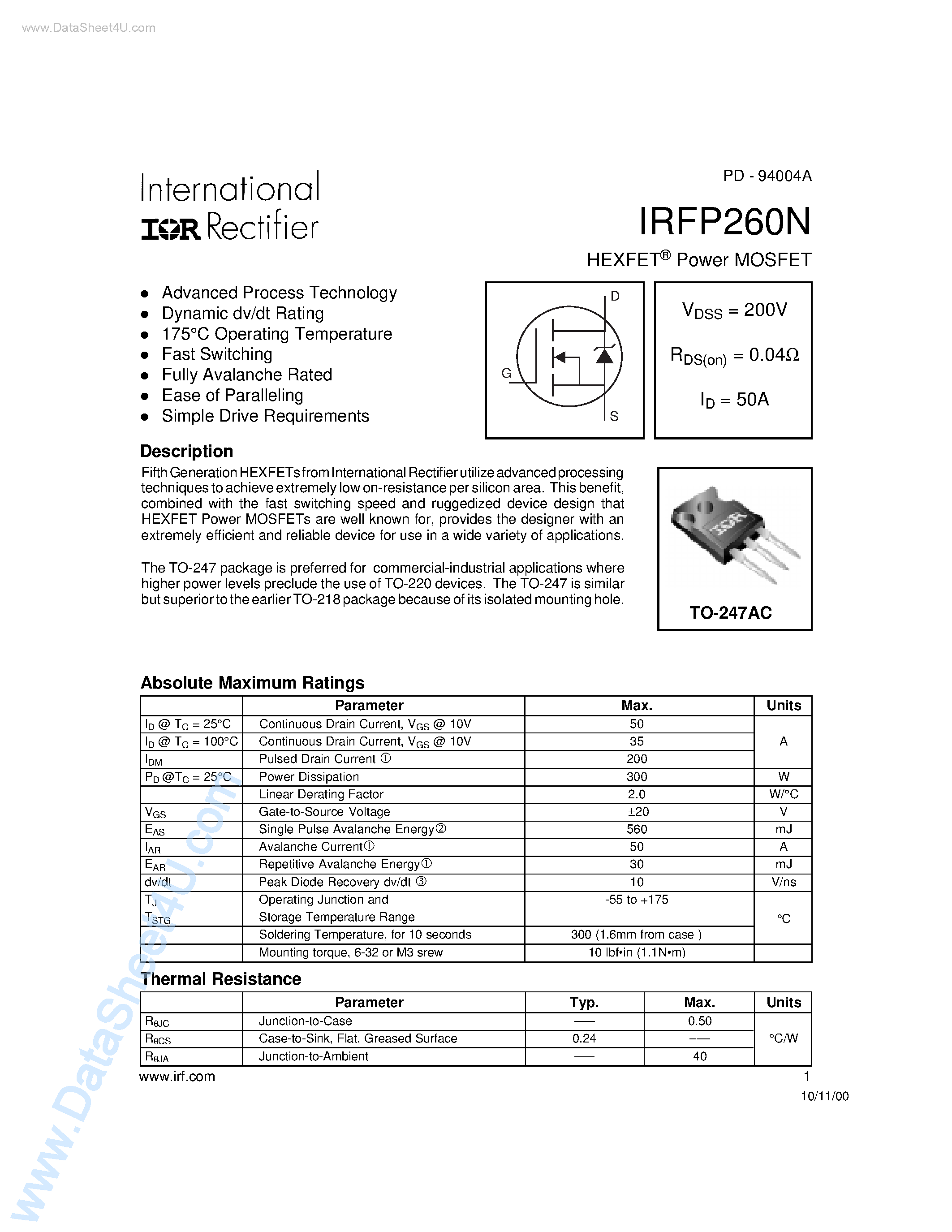 Даташит IRFP260N - Power MOSFET страница 1