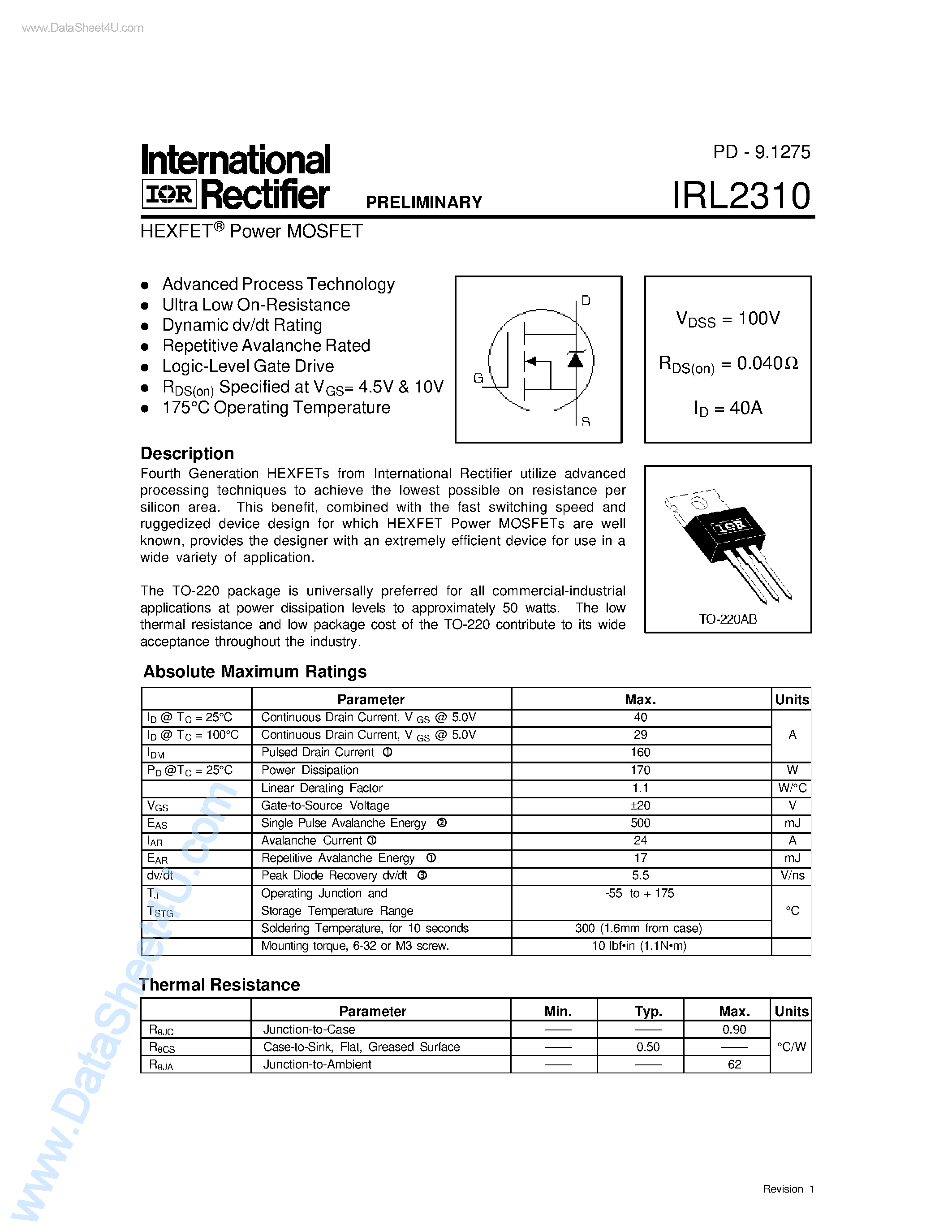 Datasheet IRL2310 page 1 Datasheet IRL2310 - Power MOSFET page 1