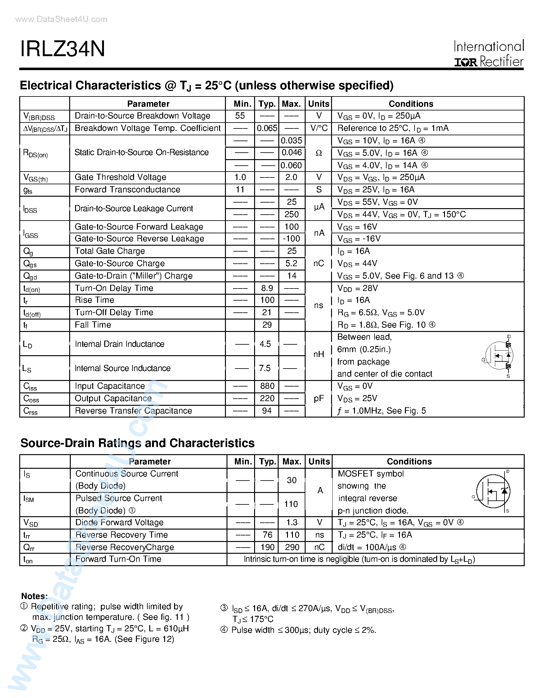Datasheet IRLZ34N - 55V Single N-channel HexFET Power MOSFET in a TO-220AB Package page 2