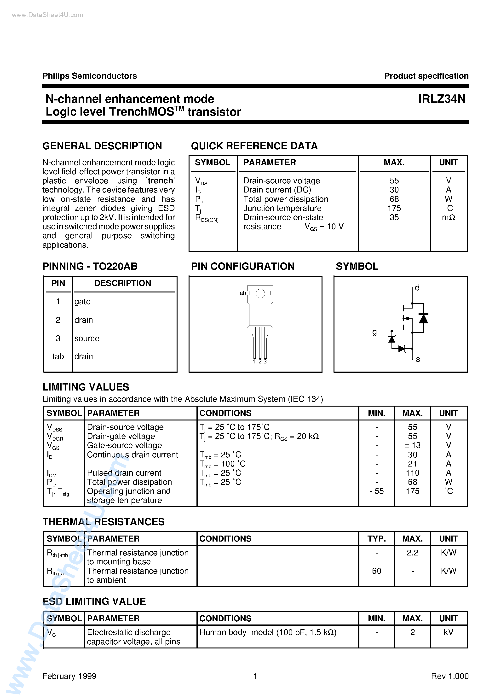 Даташит IRLZ34N - N-channel Enhancement Mode Logic Level Trenchmos (tm) Transistor страница 1