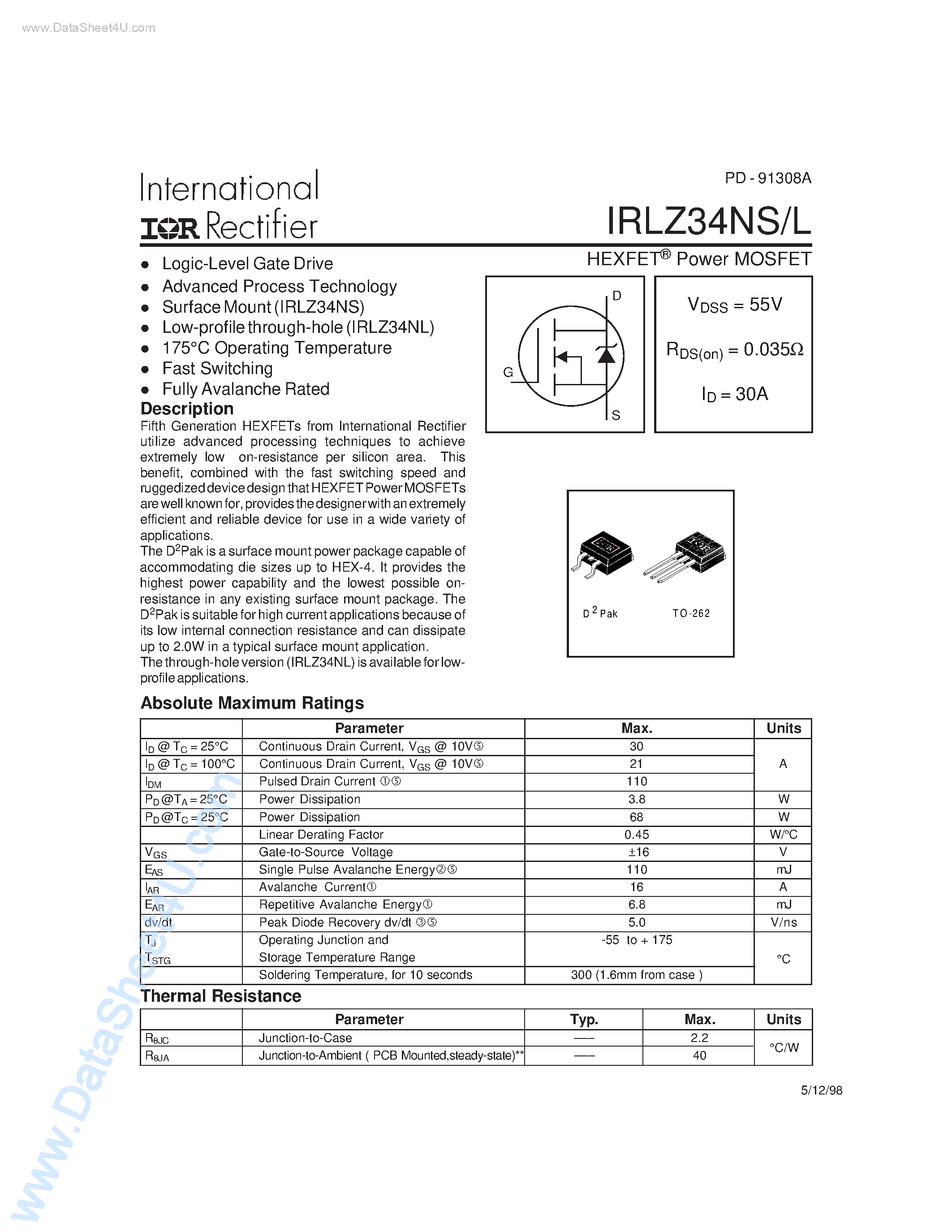 Datasheet IRLZ34NL - 55V Single N-channel HexFET Power MOSFET in a TO-262 Package page 1