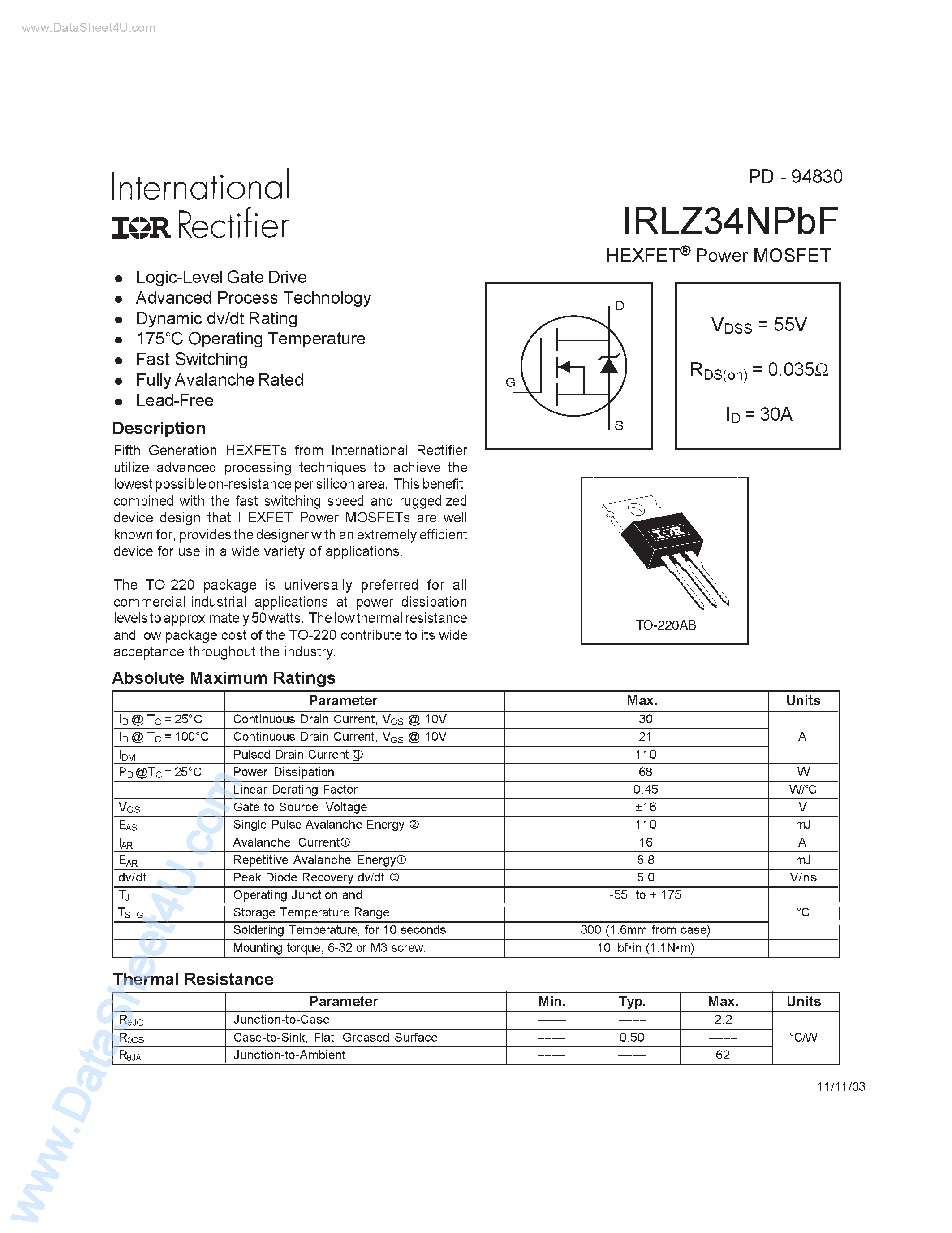 Datasheet IRLZ34NPBF - 55V Single N-channel Lead-free HexFET Power MOSFET in a TO-220AB Package page 1