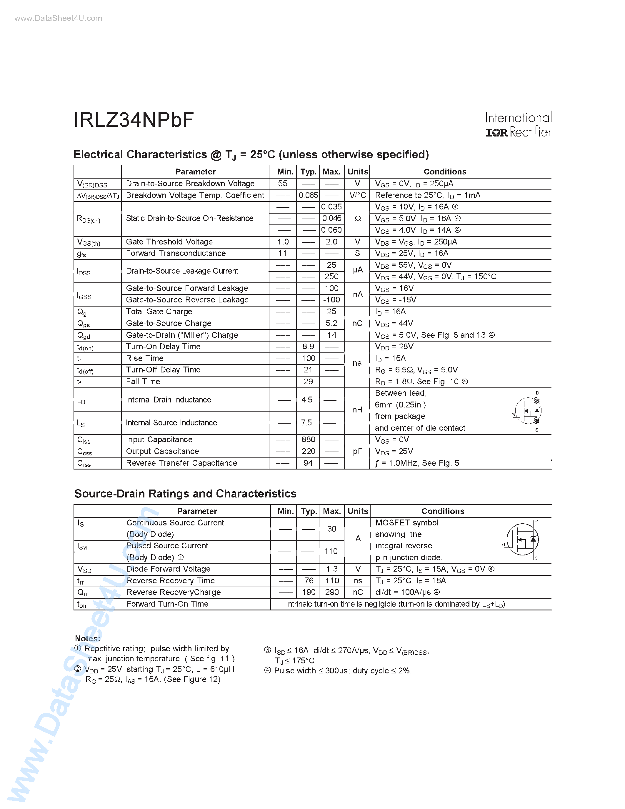 Datasheet IRLZ34NPBF - 55V Single N-channel Lead-free HexFET Power MOSFET in a TO-220AB Package page 2
