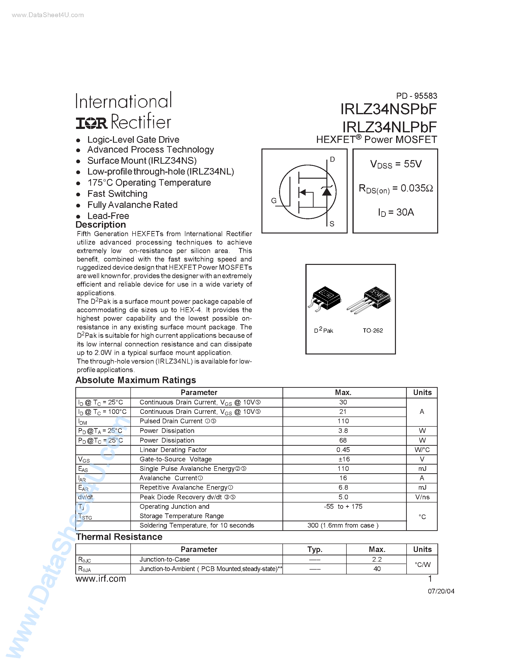 Даташит IRLZ34NLPBF - (IRLZ34NSPBF / IRLZ34NLPBF) Power MOSFET страница 1