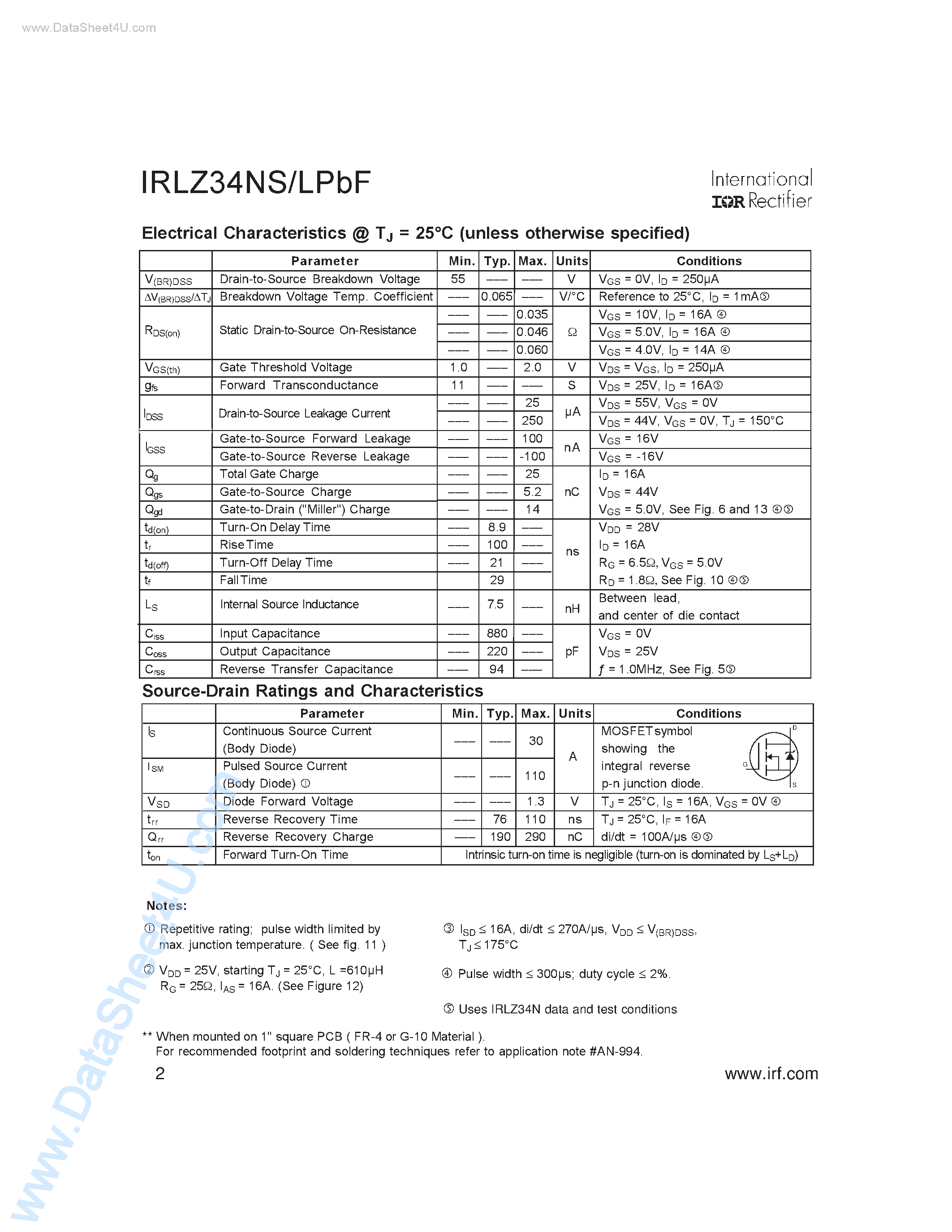 Даташит IRLZ34NLPBF - (IRLZ34NSPBF / IRLZ34NLPBF) Power MOSFET страница 2