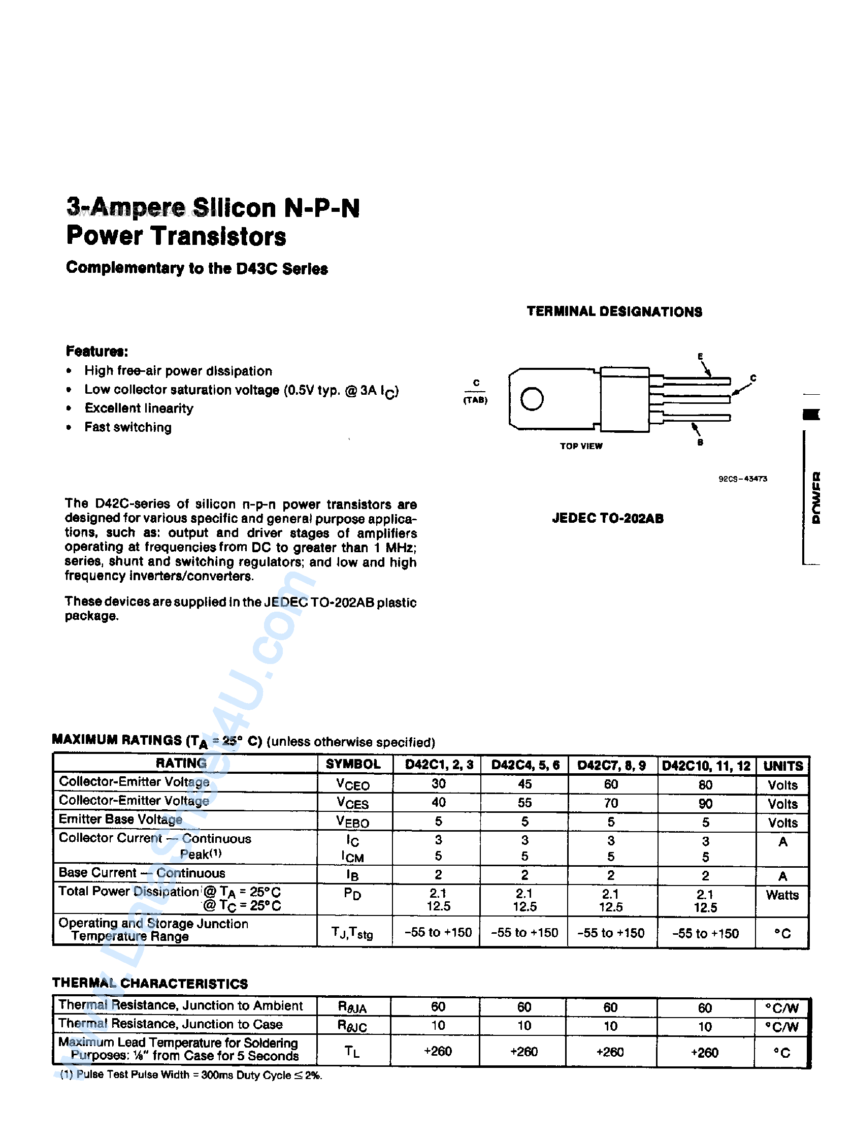 Даташит D42C1 - (D42C Series) 3-Ampere Silicon NPN Power Transistors страница 1