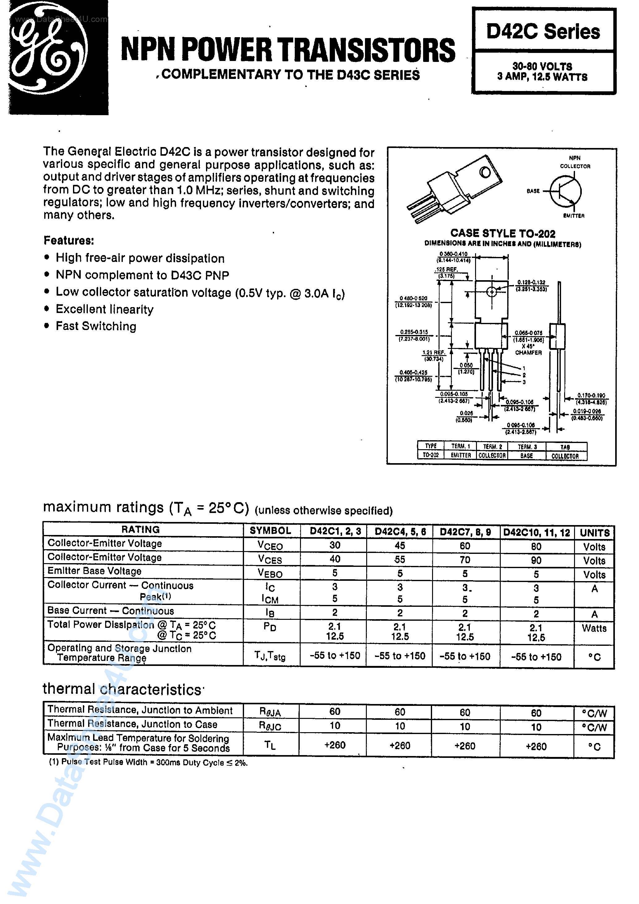 Даташит D42C1 - (D42C Series) NPN Power Transistors страница 1