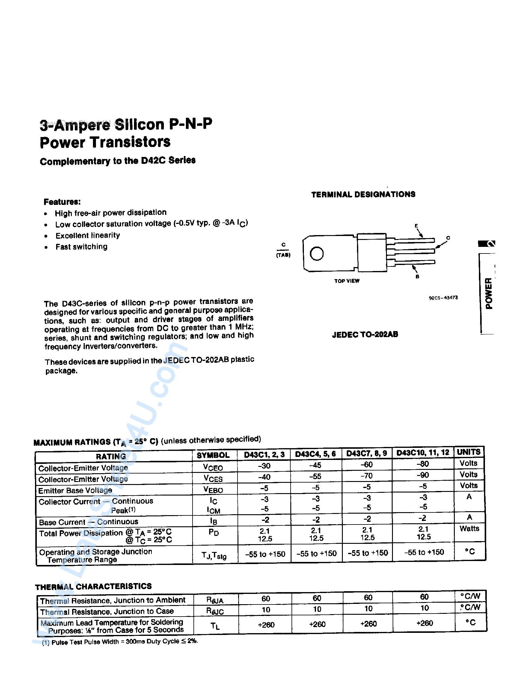 Datasheet D43C1 - (D43C Series) 3-Ampere Silicon PNP Power Transistors page 1