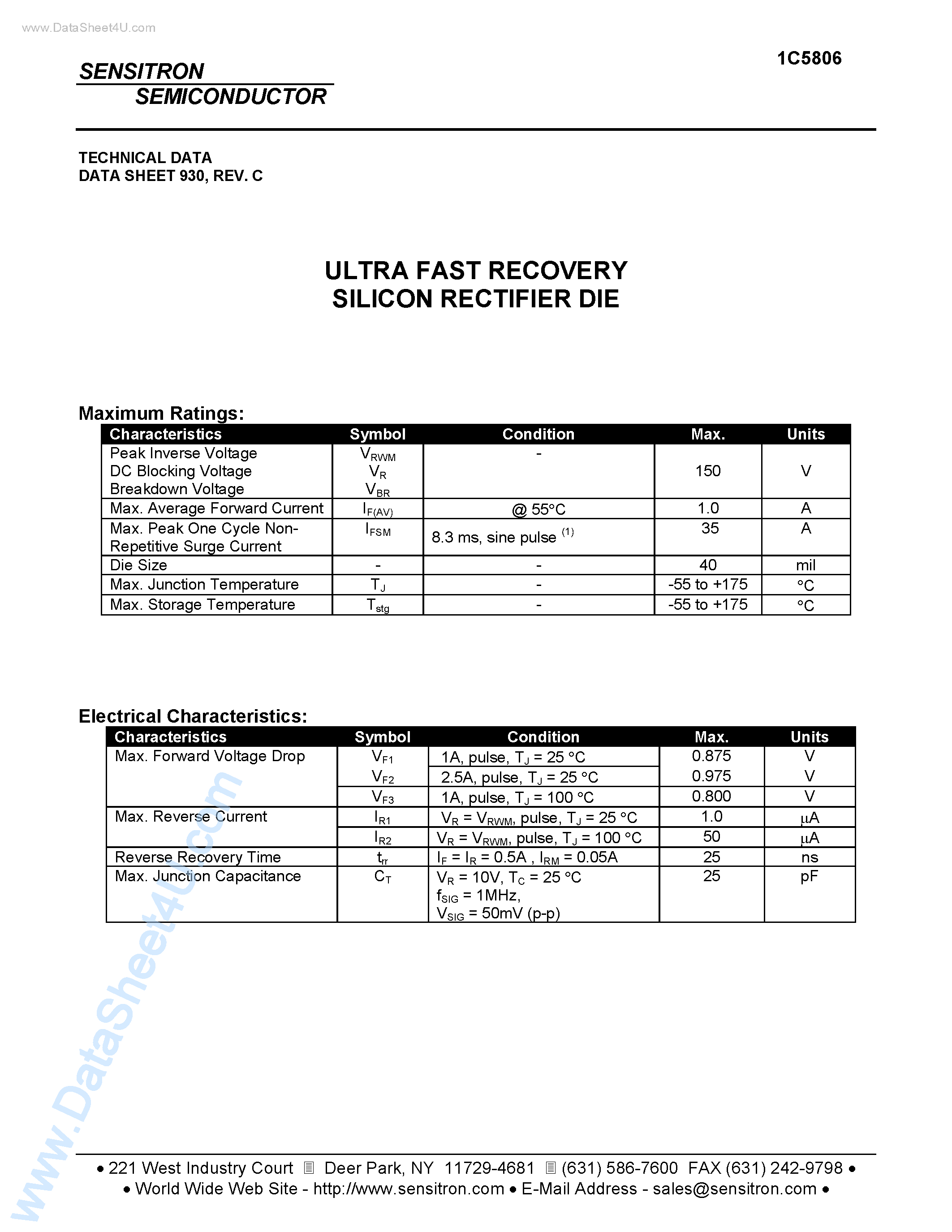 Datasheet 1C5806 - ULTRA FAST RECOVERY SILICON RECTIFIER DIE page 1
