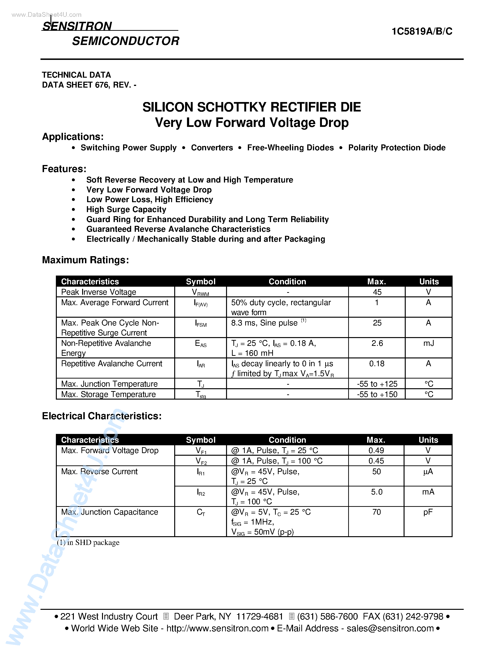 Datasheet 1C5819A - (1C5819A - 1C5819C) Silicon Schottky Rectifier DIE page 1