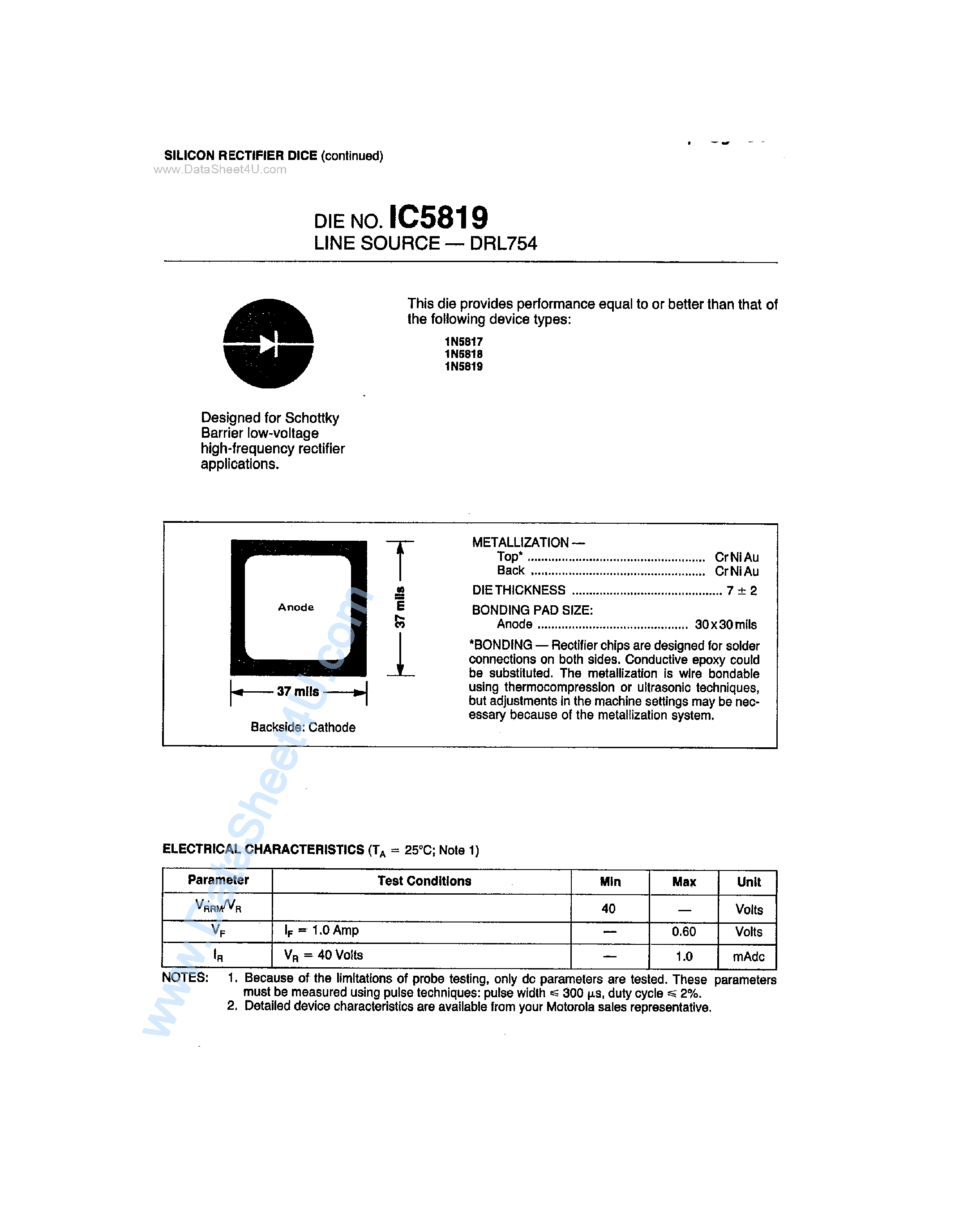 Datasheet 1C5819 - Silicon Rectifier DICE page 1