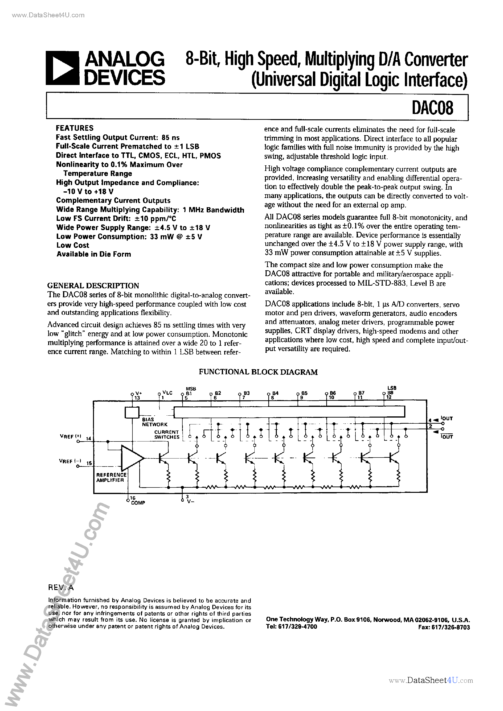 Datasheet ADDAC-08 - 8-Bit High Speed Multiplying D/A Converter page 1