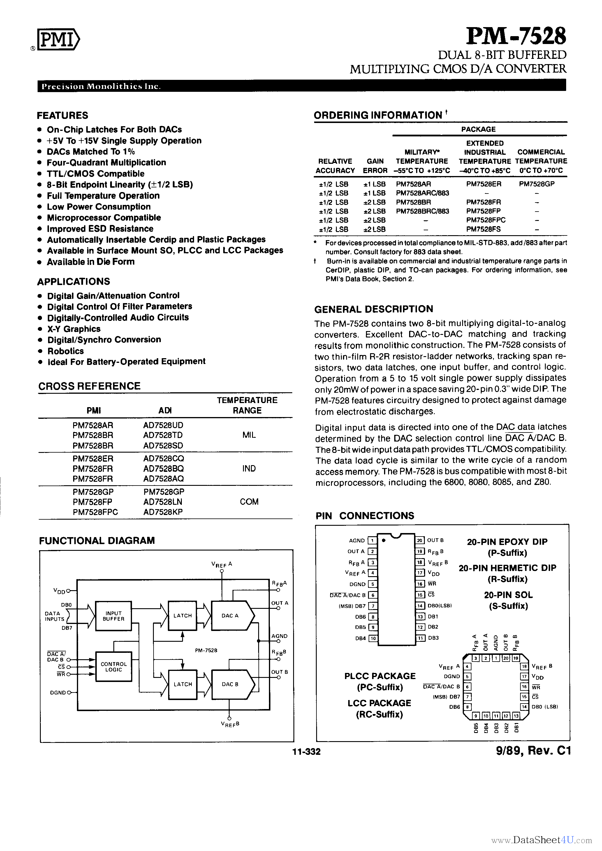 Даташит PM7528 - Dual 8-Bit Buffered Multiplying CMOS D/A Converter страница 1