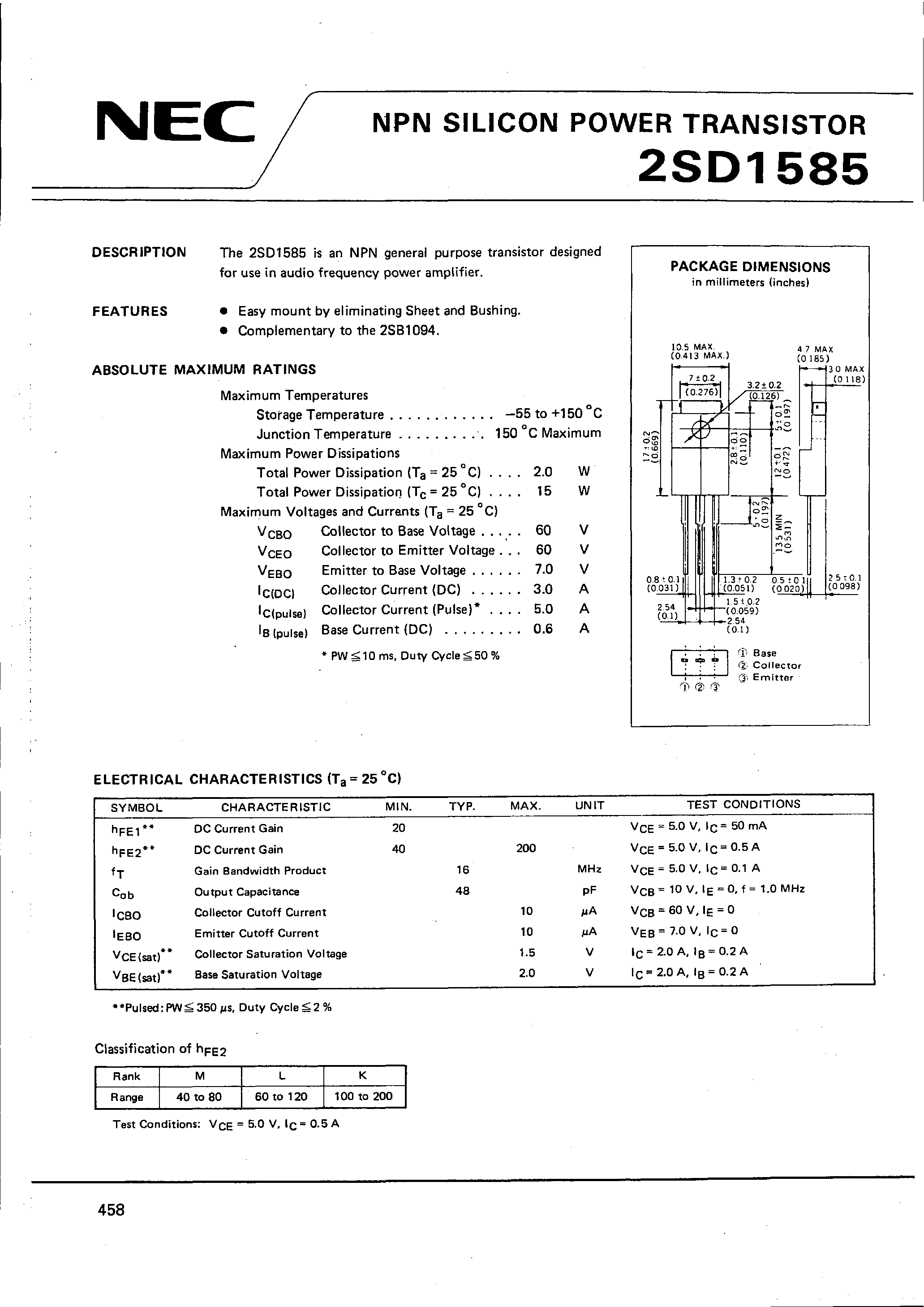Datasheet 2SD1585 page 1 Datasheet 2SD1585 - NPN SILICON POWER TRANSISTOR page 1