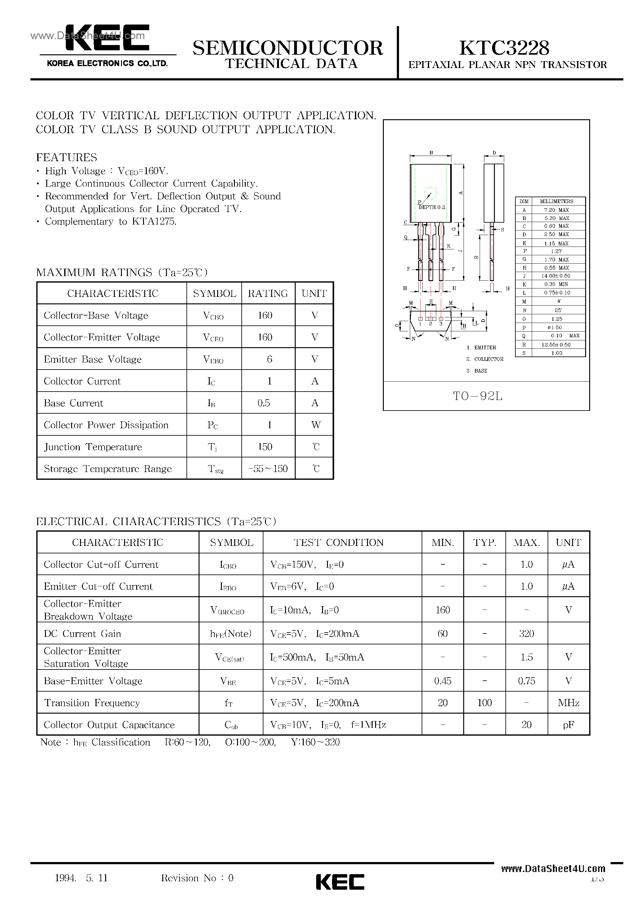 Datasheet C3228 - Search -----> 2SC3228 / KTC3228 page 1