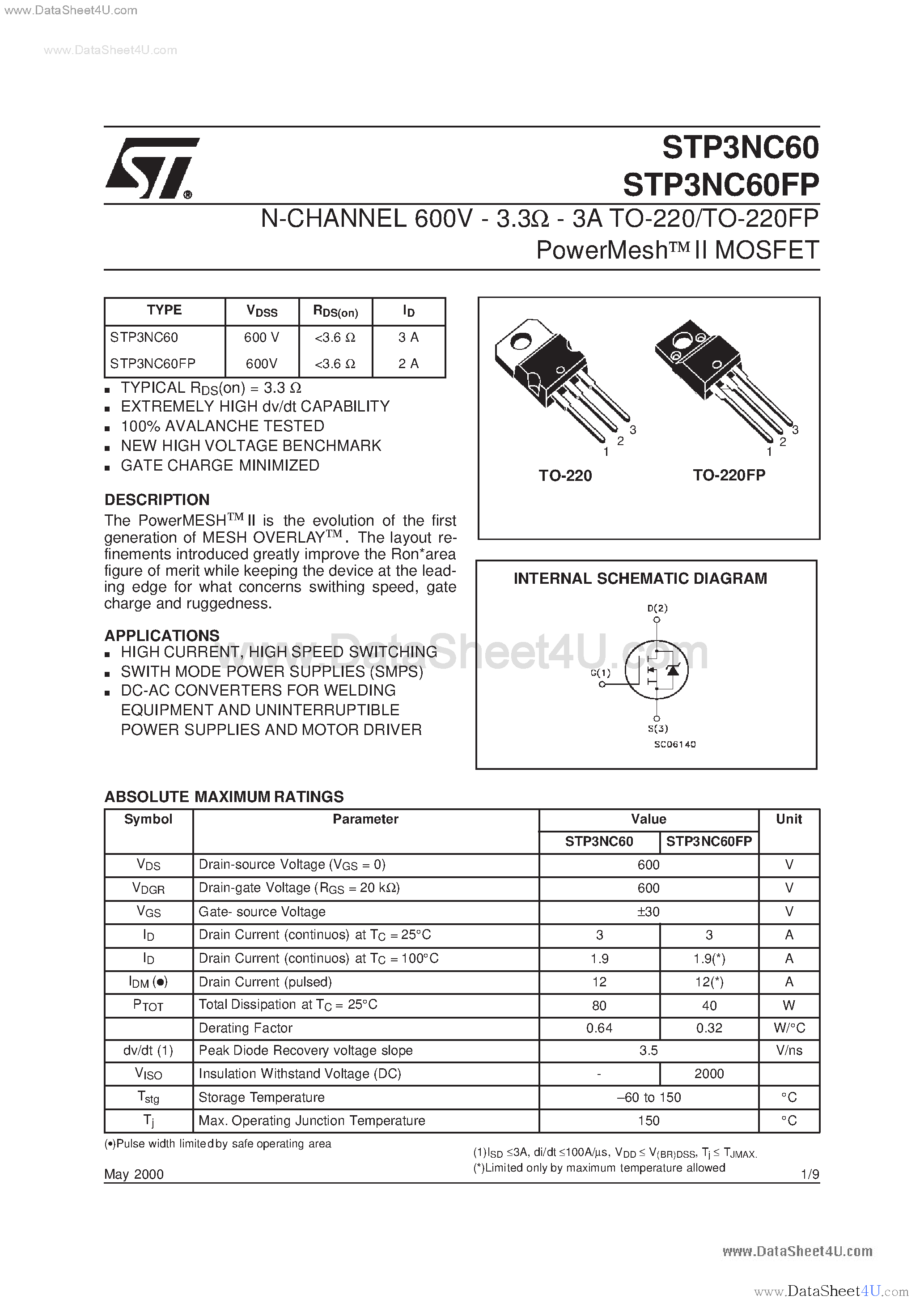 Datasheet P3NC60FP page 1 Datasheet P3NC60FP - Search -----> STP3NC60FP page 1