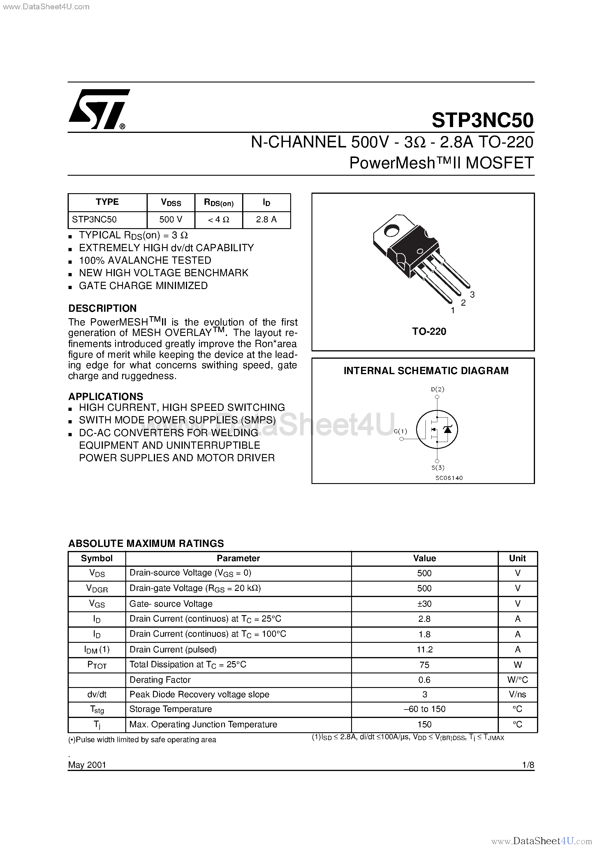 Datasheet STP3NC50 - N-CHANNEL MOSFET page 1