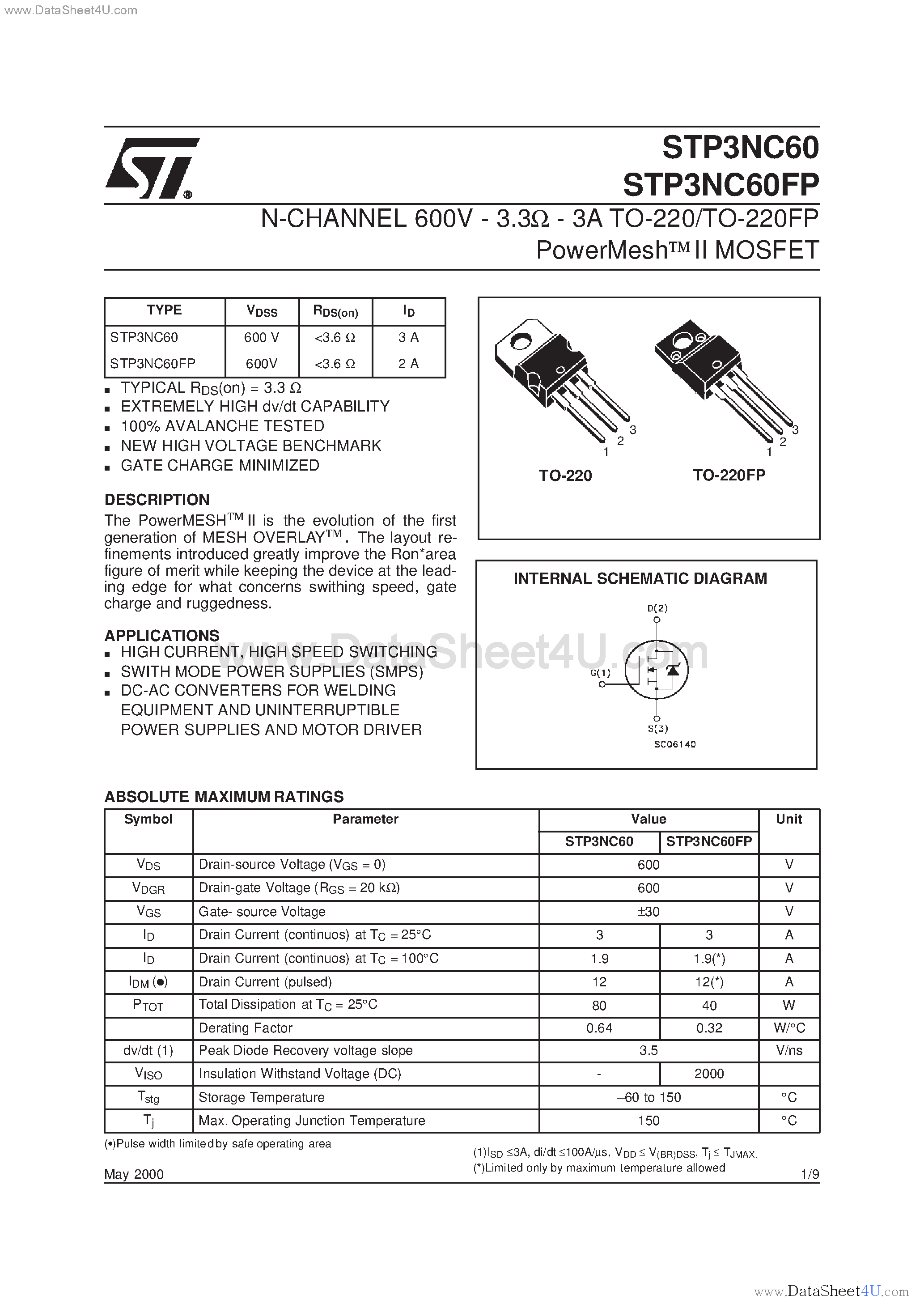 Datasheet STP3NC60 - N-CHANNEL MOSFET page 1