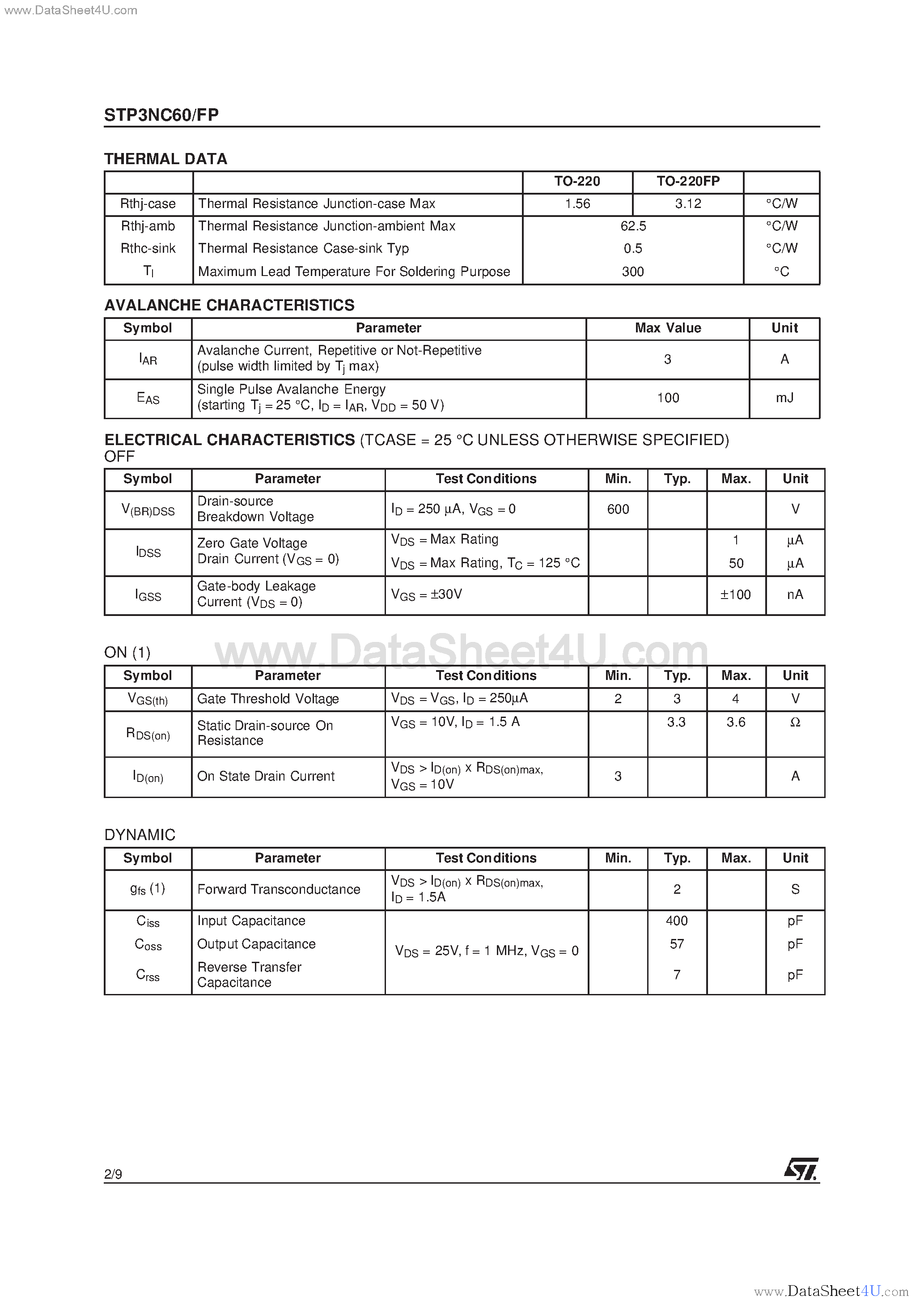 Datasheet STP3NC60 - N-CHANNEL MOSFET page 2