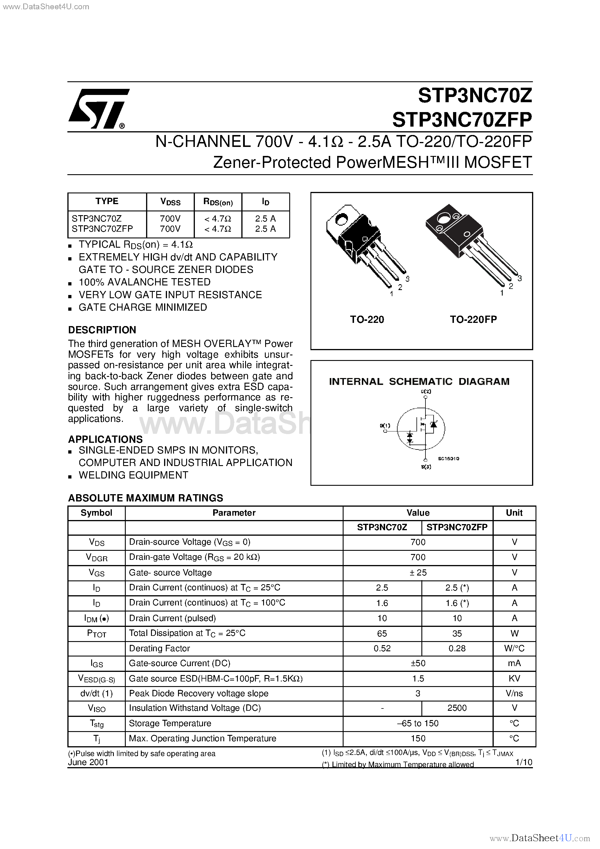 Datasheet STP3NC70Z page 1 Datasheet STP3NC70Z - N-CHANNEL MOSFET page 1