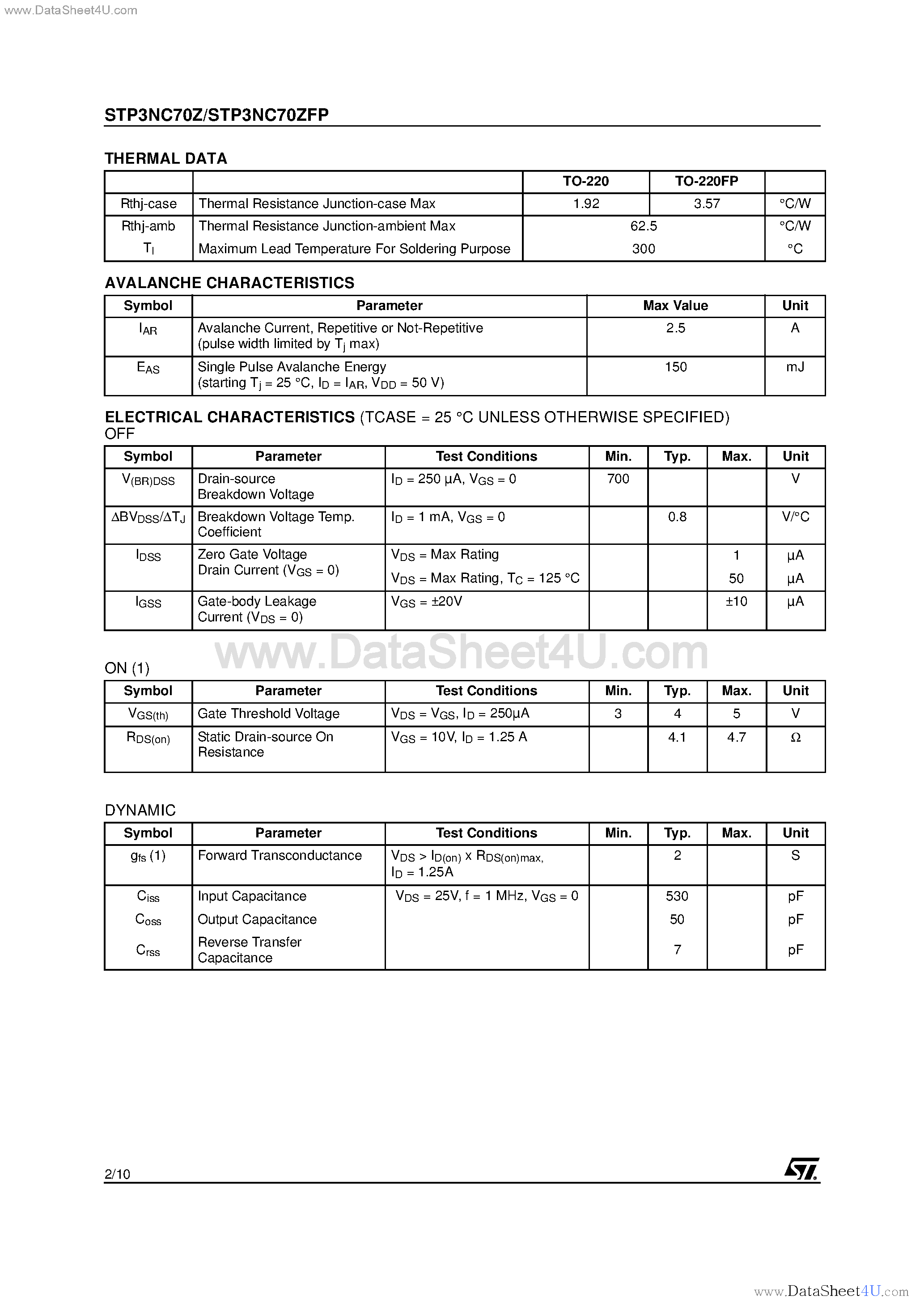 Datasheet STP3NC70Z page 2 Datasheet STP3NC70Z - N-CHANNEL MOSFET page 2