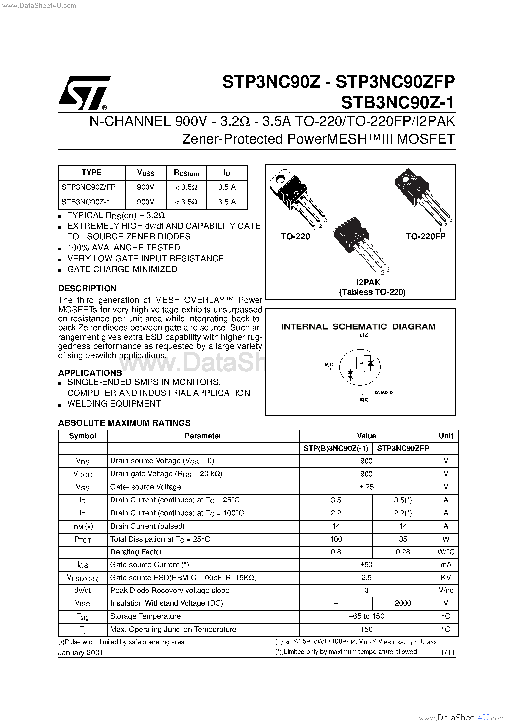 Datasheet STP3NC90Z - N-CHANNEL MOSFET page 1
