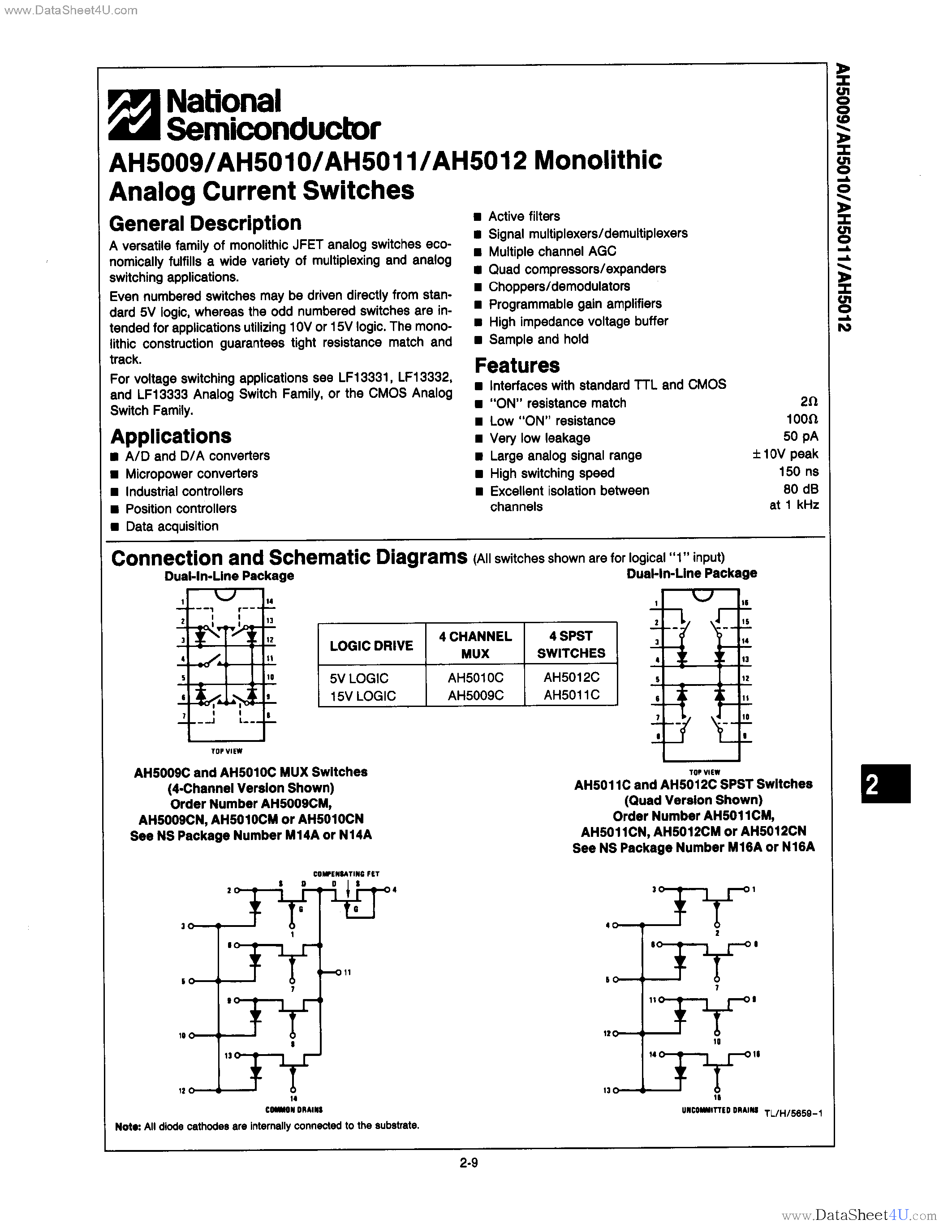Даташит AH5009 - (AH5009 - AH5012) MONOLITHIC ANALOG CURRENT SWITCHES страница 1