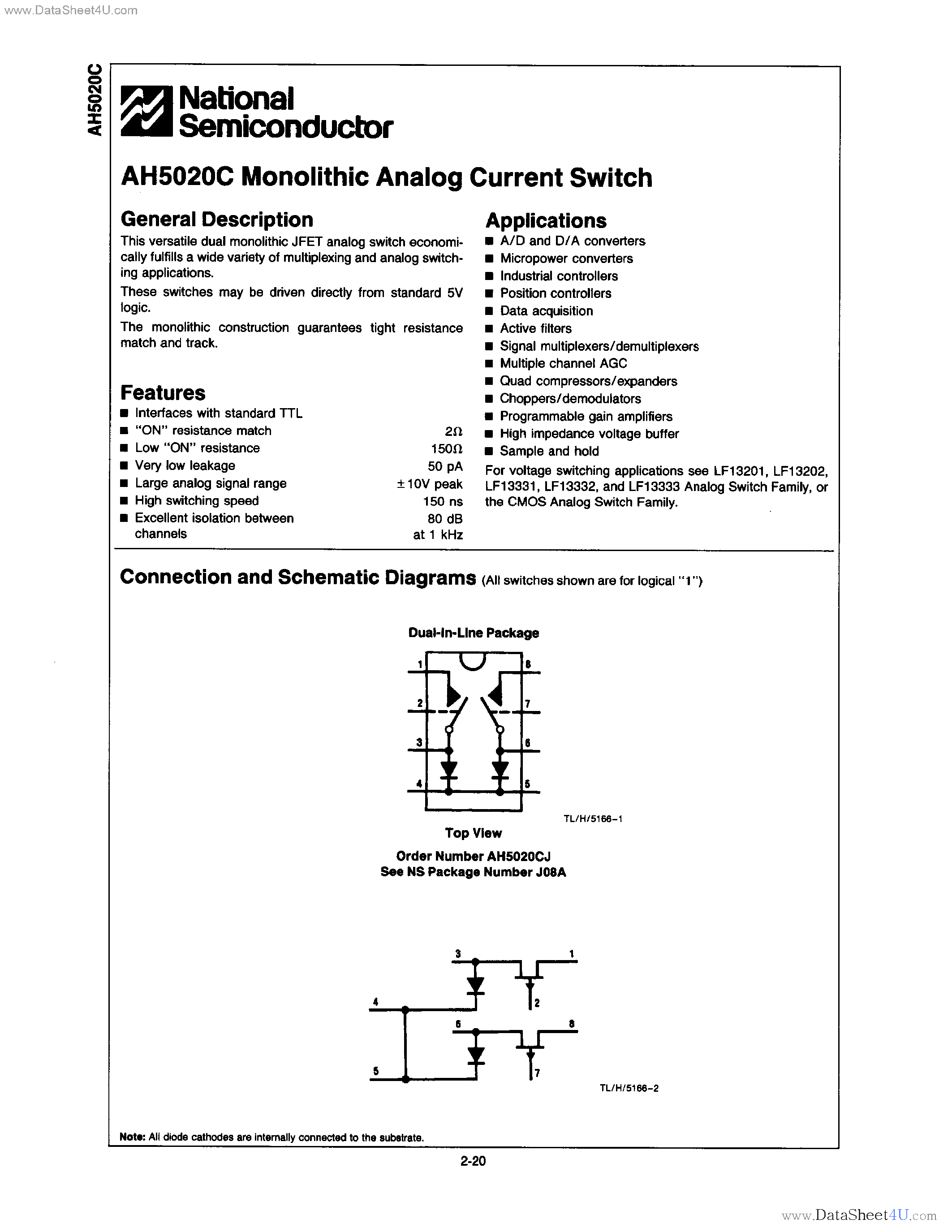 Даташит на микросхему AH5020C страница 1 Даташит AH5020C - monolithic analog current switch страница 1