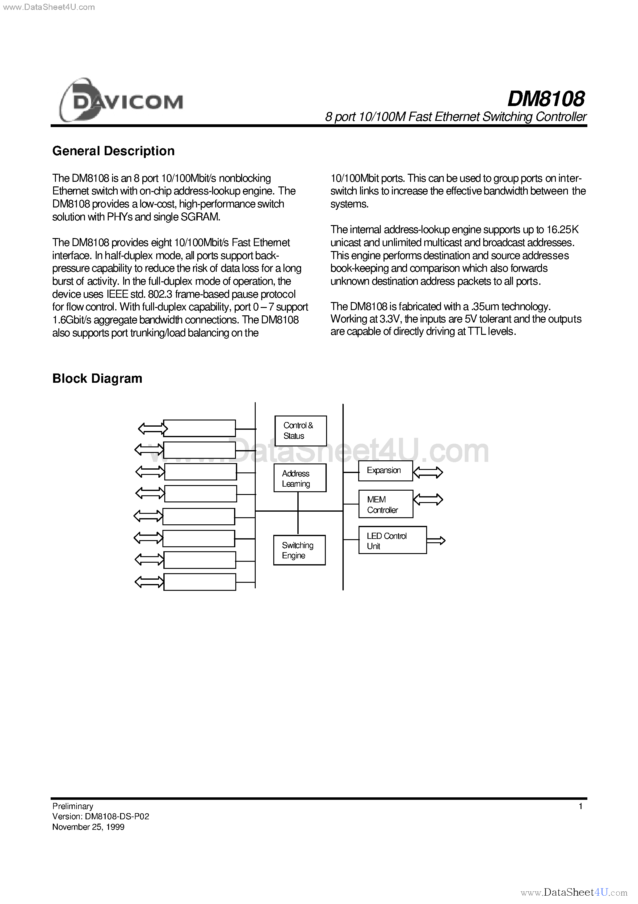 Datasheet DM8108 - 8 port 10/100M Fast Ethernet Switching Controller page 1