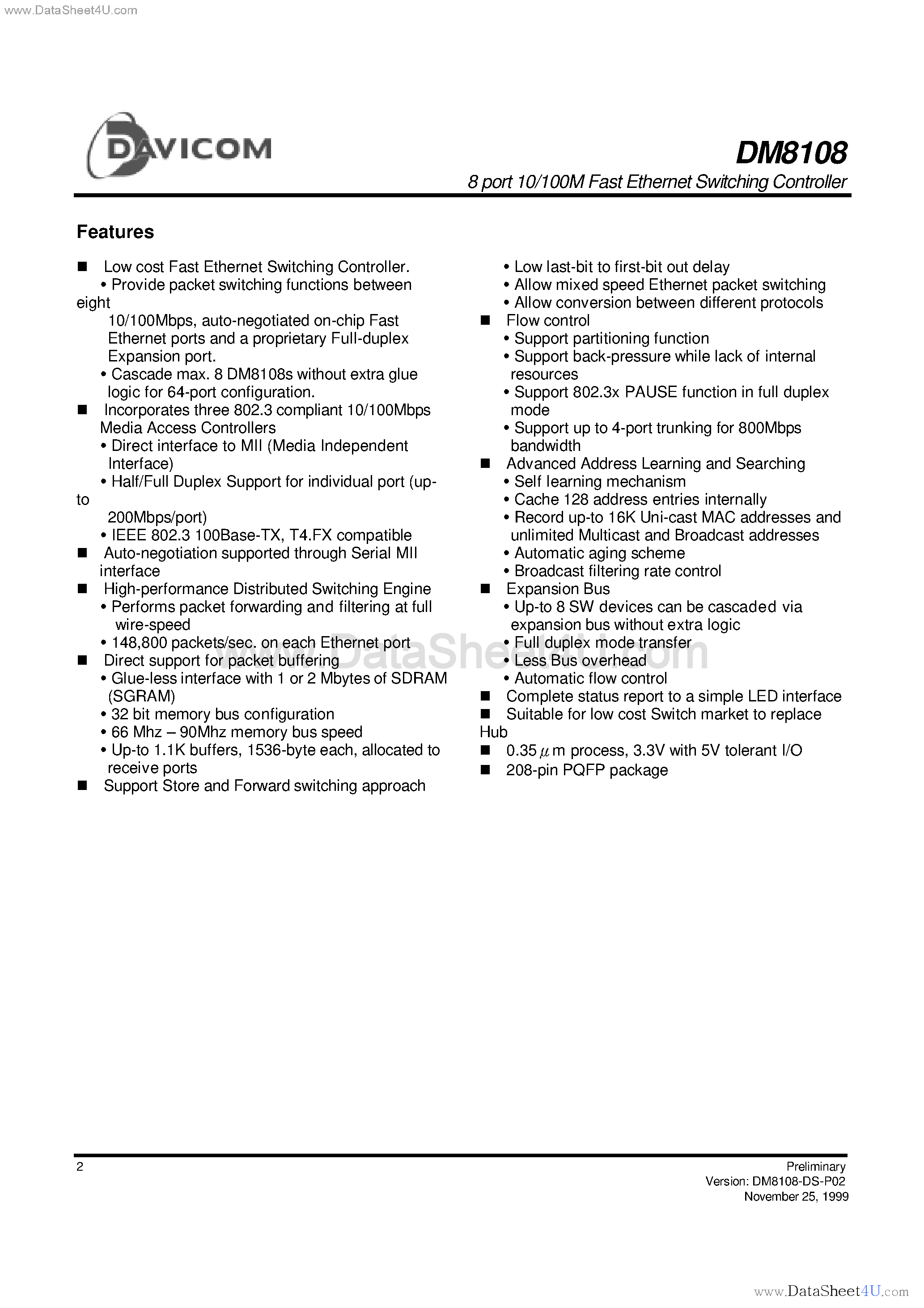 Datasheet DM8108 - 8 port 10/100M Fast Ethernet Switching Controller page 2