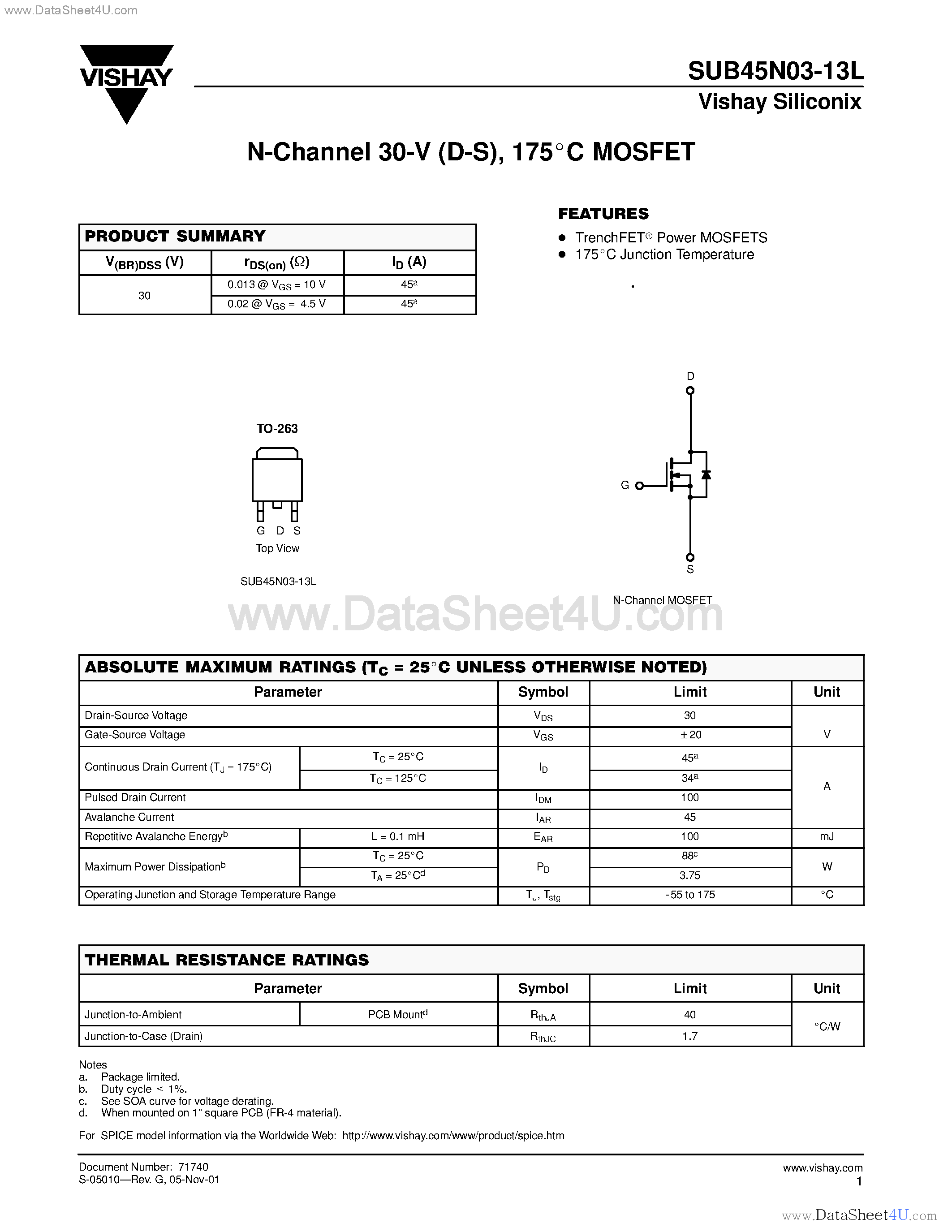 Datasheet SUB45N03-13L page 1 Datasheet SUB45N03-13L - N-Channel MOSFET page 1