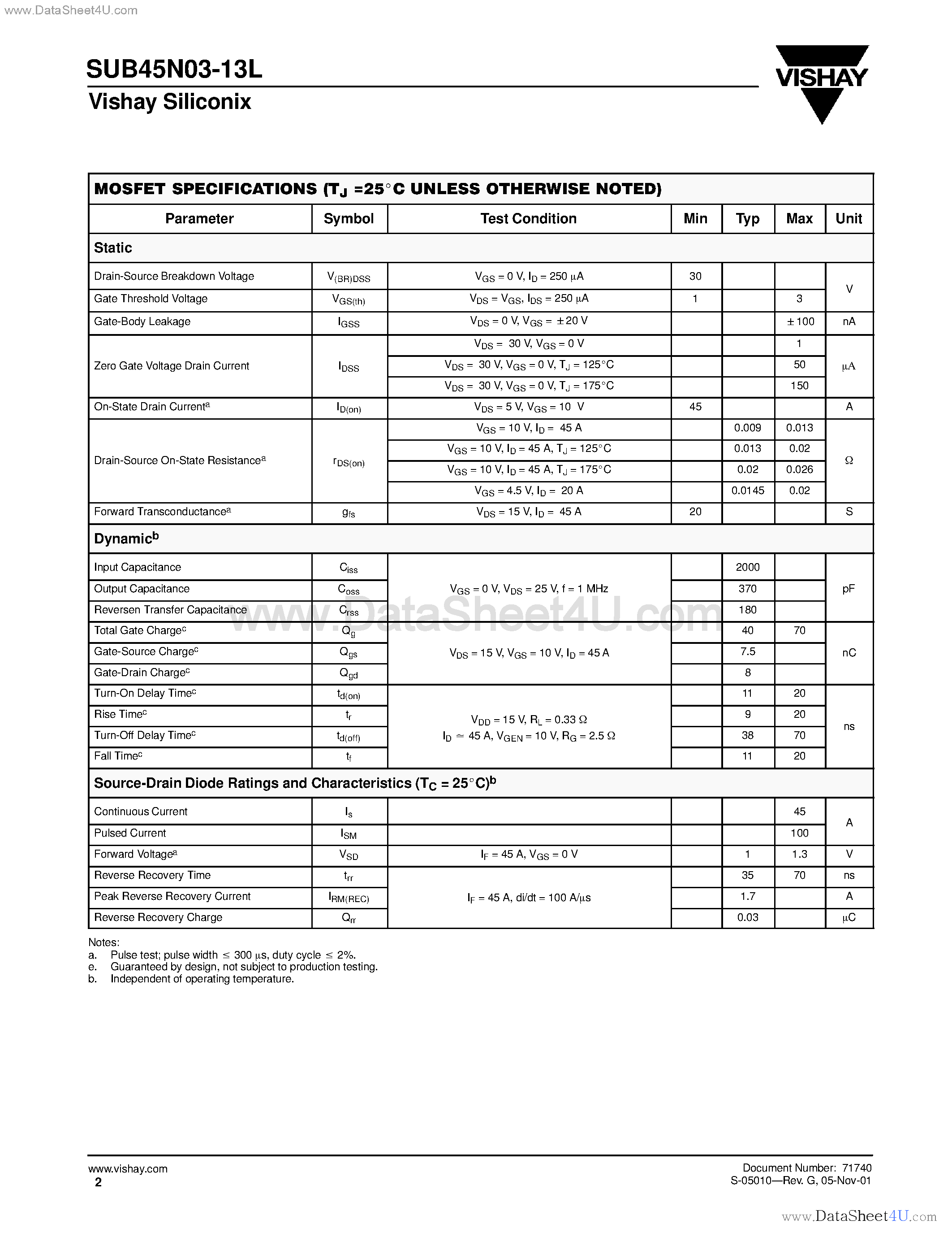 Datasheet SUB45N03-13L page 2 Datasheet SUB45N03-13L - N-Channel MOSFET page 2