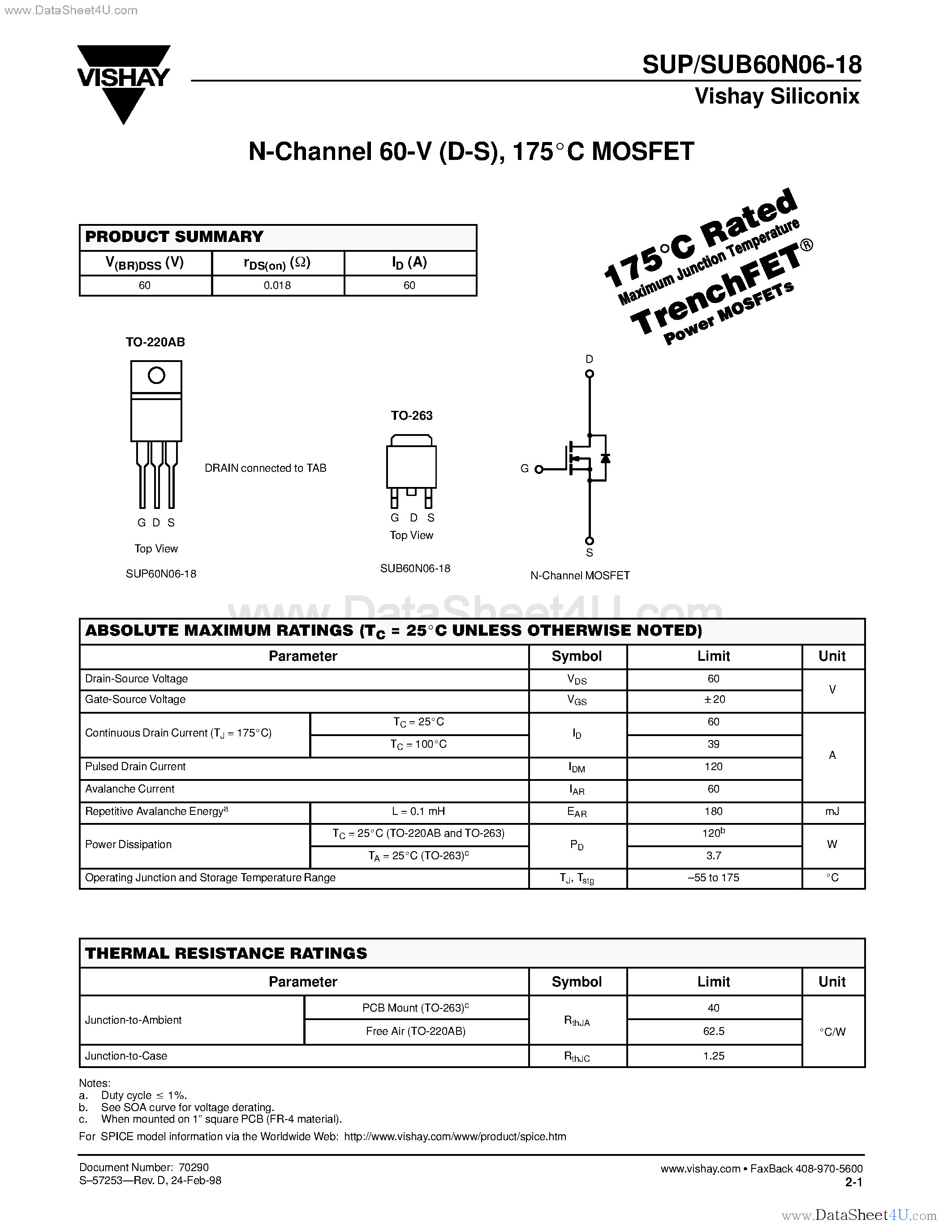 Datasheet SUB60N06-18 page 1 Datasheet SUB60N06-18 - N-Channel MOSFET page 1