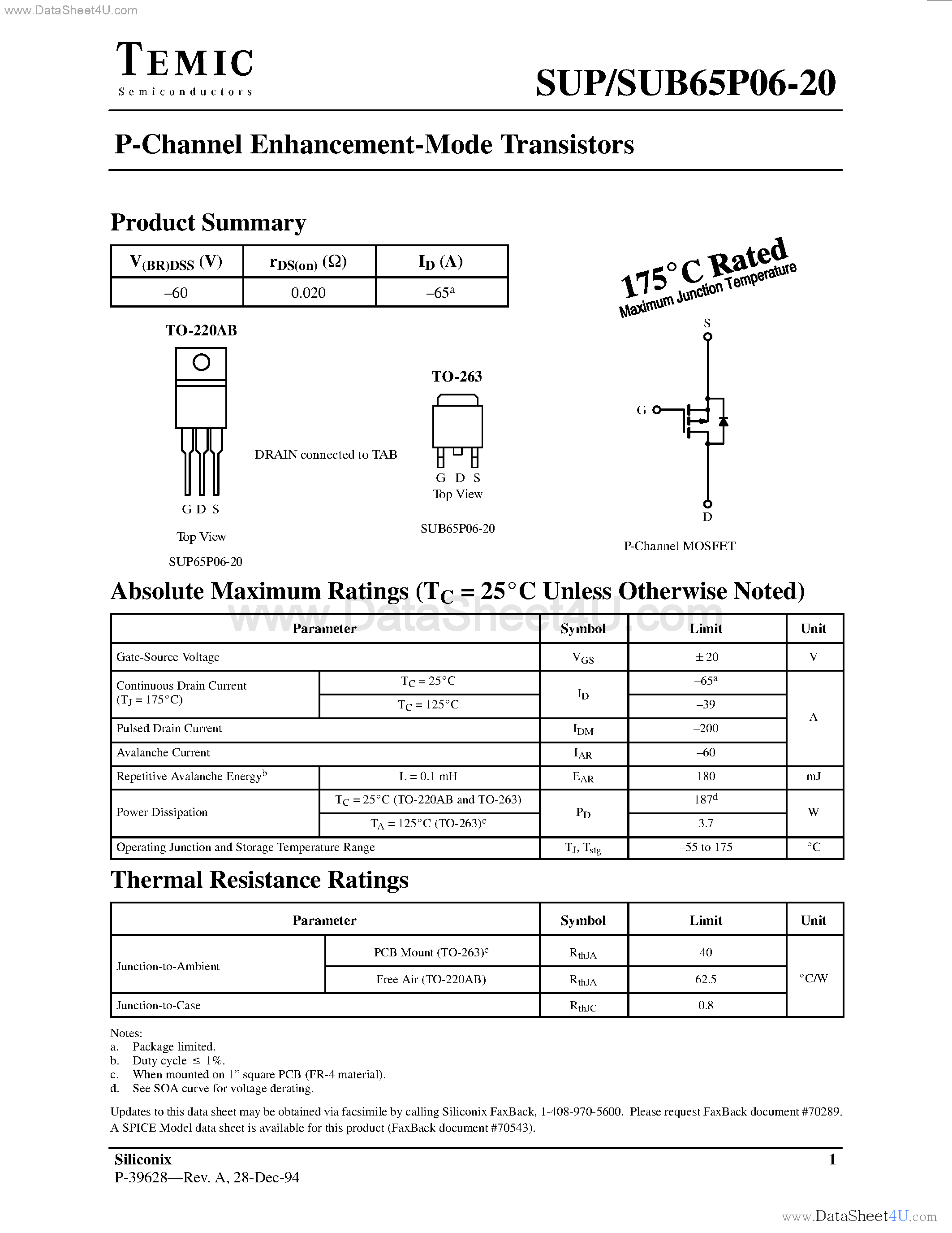 Даташит на микросхему SUB65P06-20 страница 1 Даташит SUB65P06-20 - P-Channel Enhancement-Mode Transistors страница 1