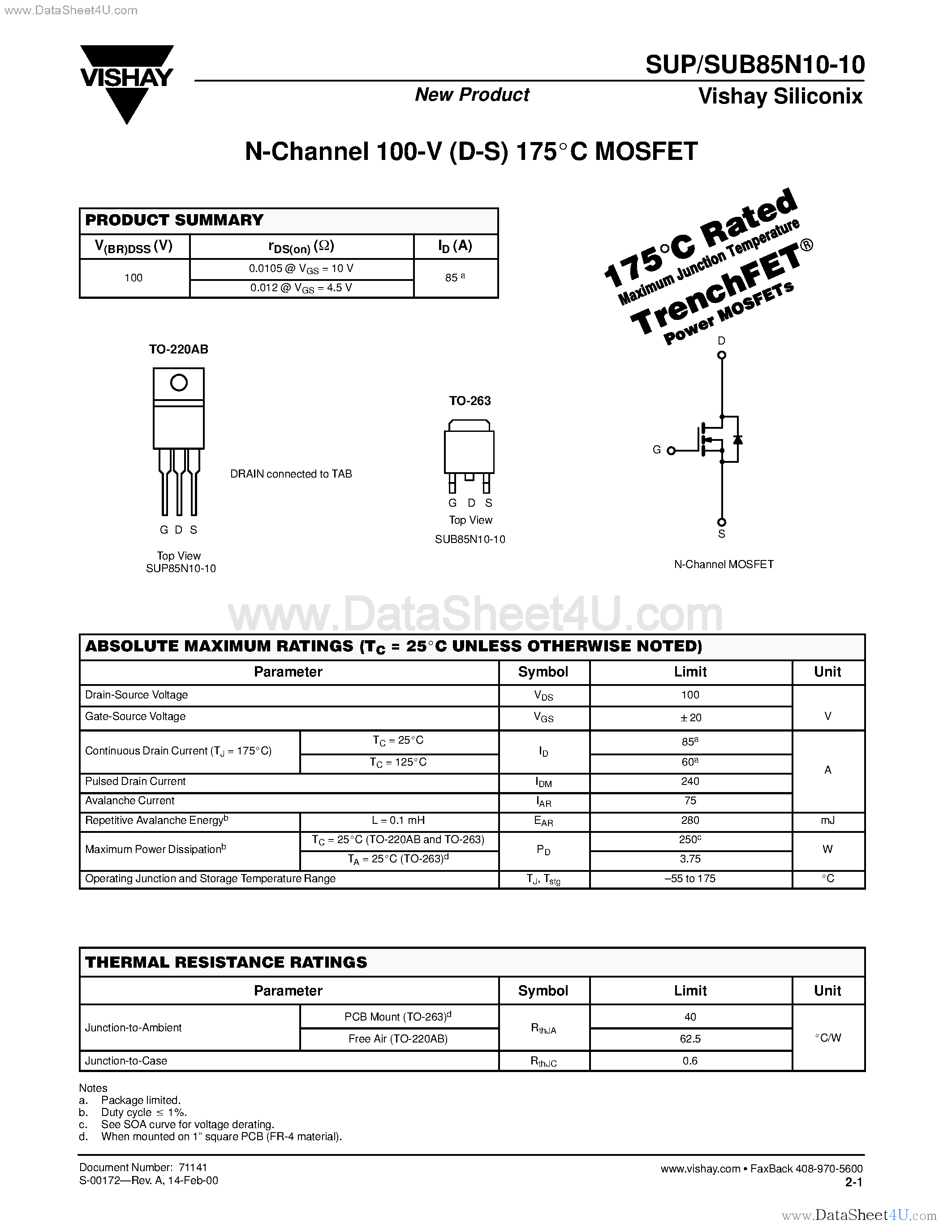 Datasheet SUB85N10-10 page 1 Datasheet SUB85N10-10 - N-Channel MOSFET page 1