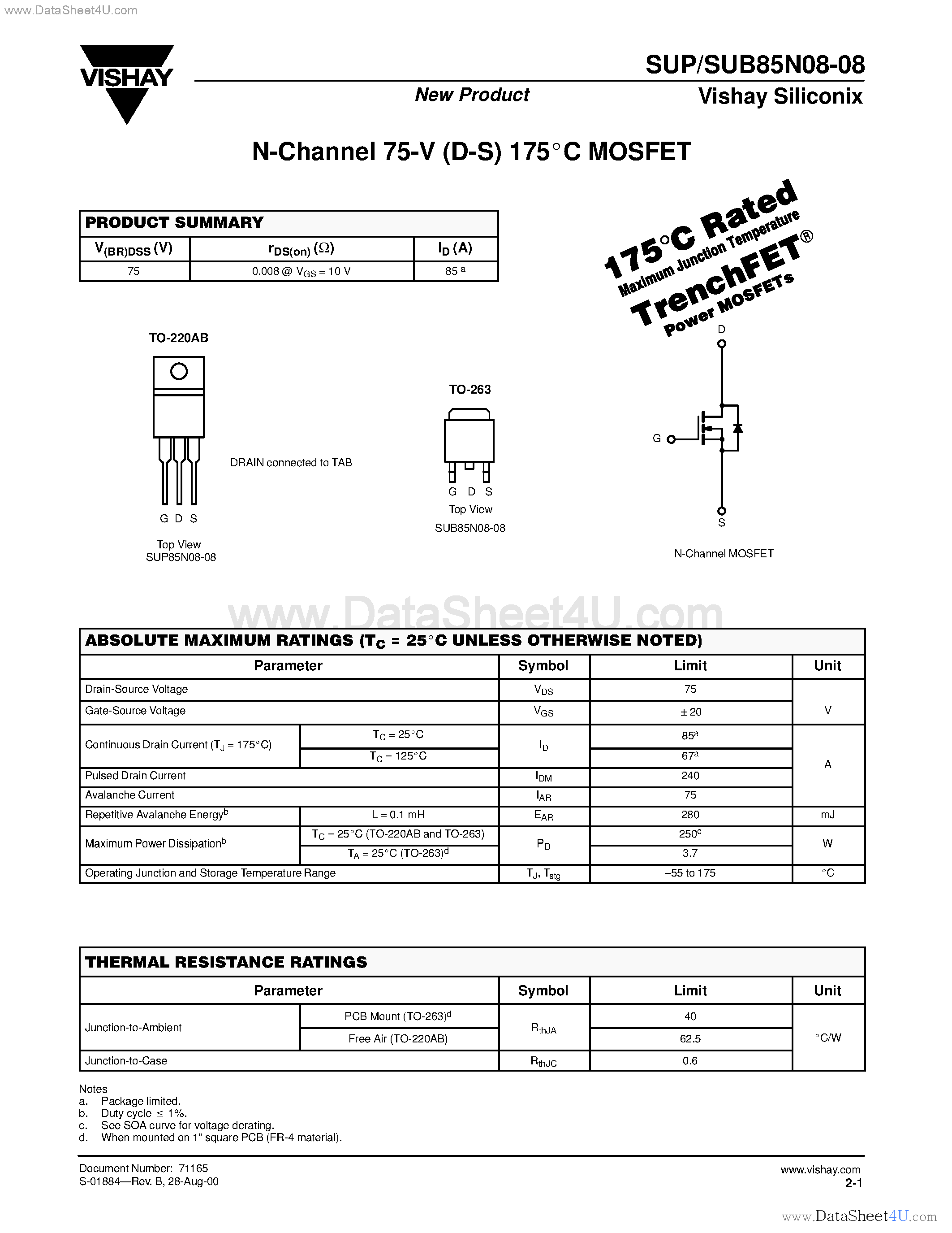 Datasheet SUB85N08-08 page 1 Datasheet SUB85N08-08 - N-Channel MOSFET page 1