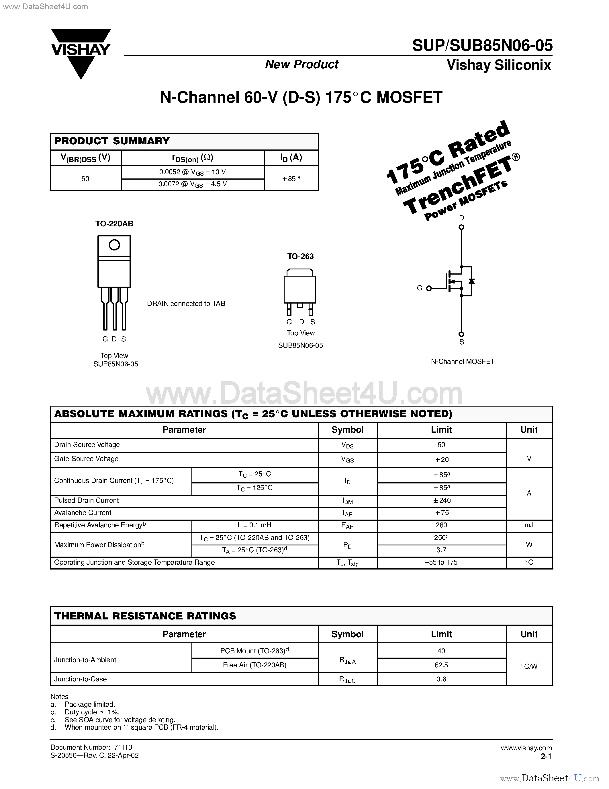 Datasheet SUB85N06-05 page 1 Datasheet SUB85N06-05 - N-Channel MOSFET page 1