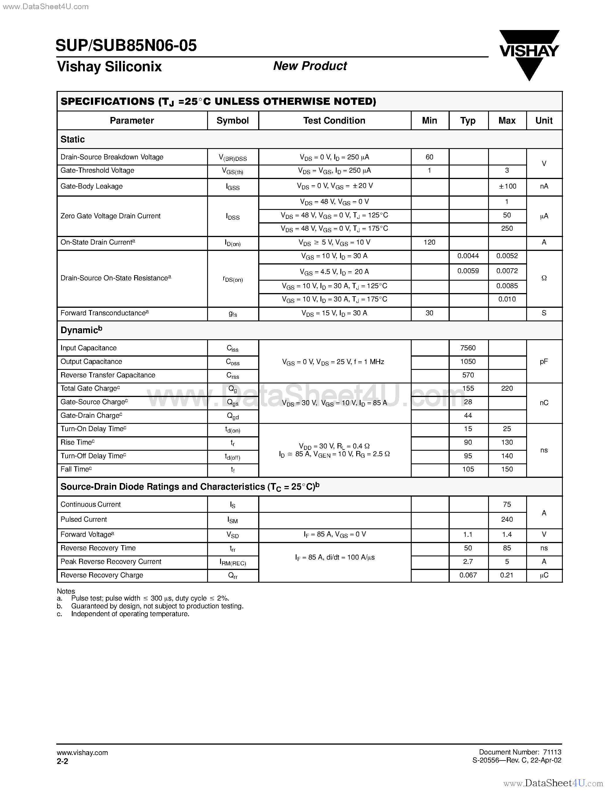 Datasheet SUB85N06-05 page 2 Datasheet SUB85N06-05 - N-Channel MOSFET page 2