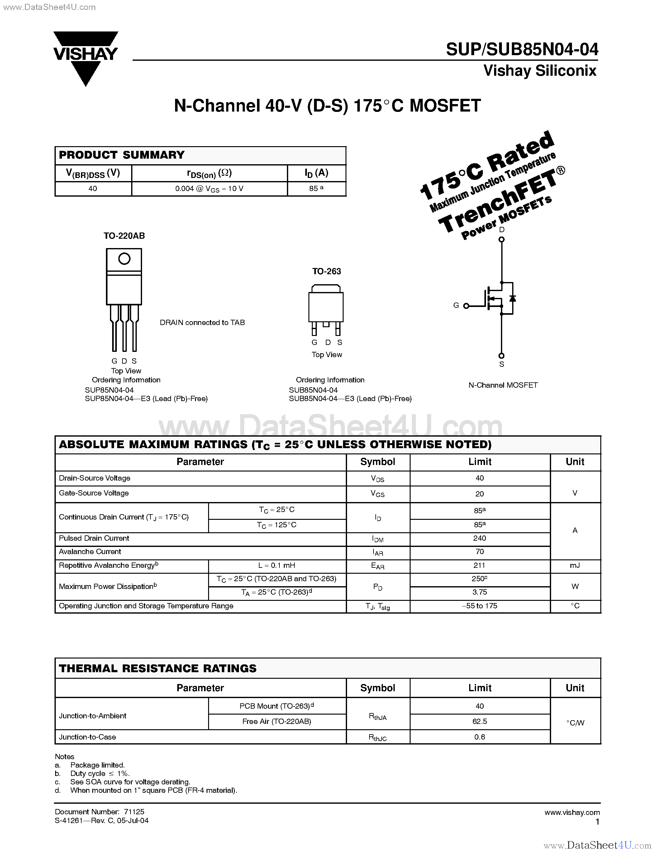 Datasheet SUB85N04-04 page 1 Datasheet SUB85N04-04 - N-Channel MOSFET page 1