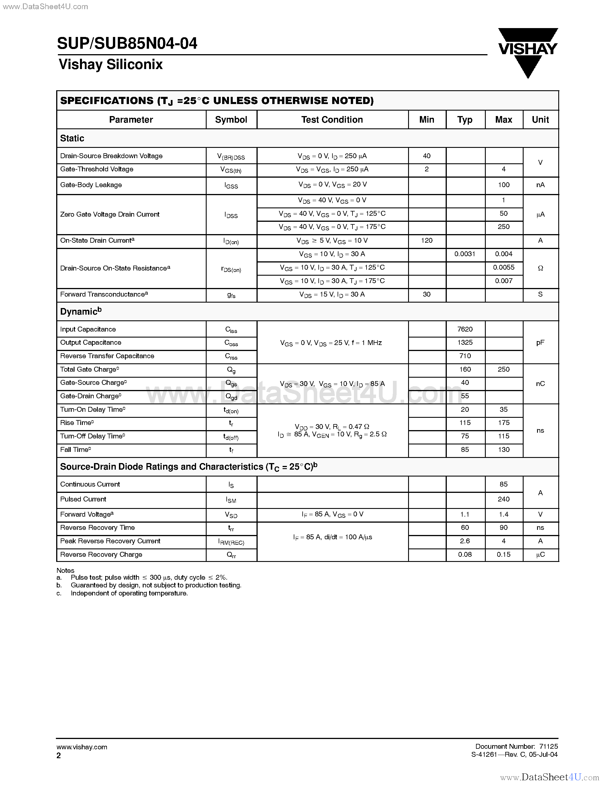 Datasheet SUB85N04-04 page 2 Datasheet SUB85N04-04 - N-Channel MOSFET page 2