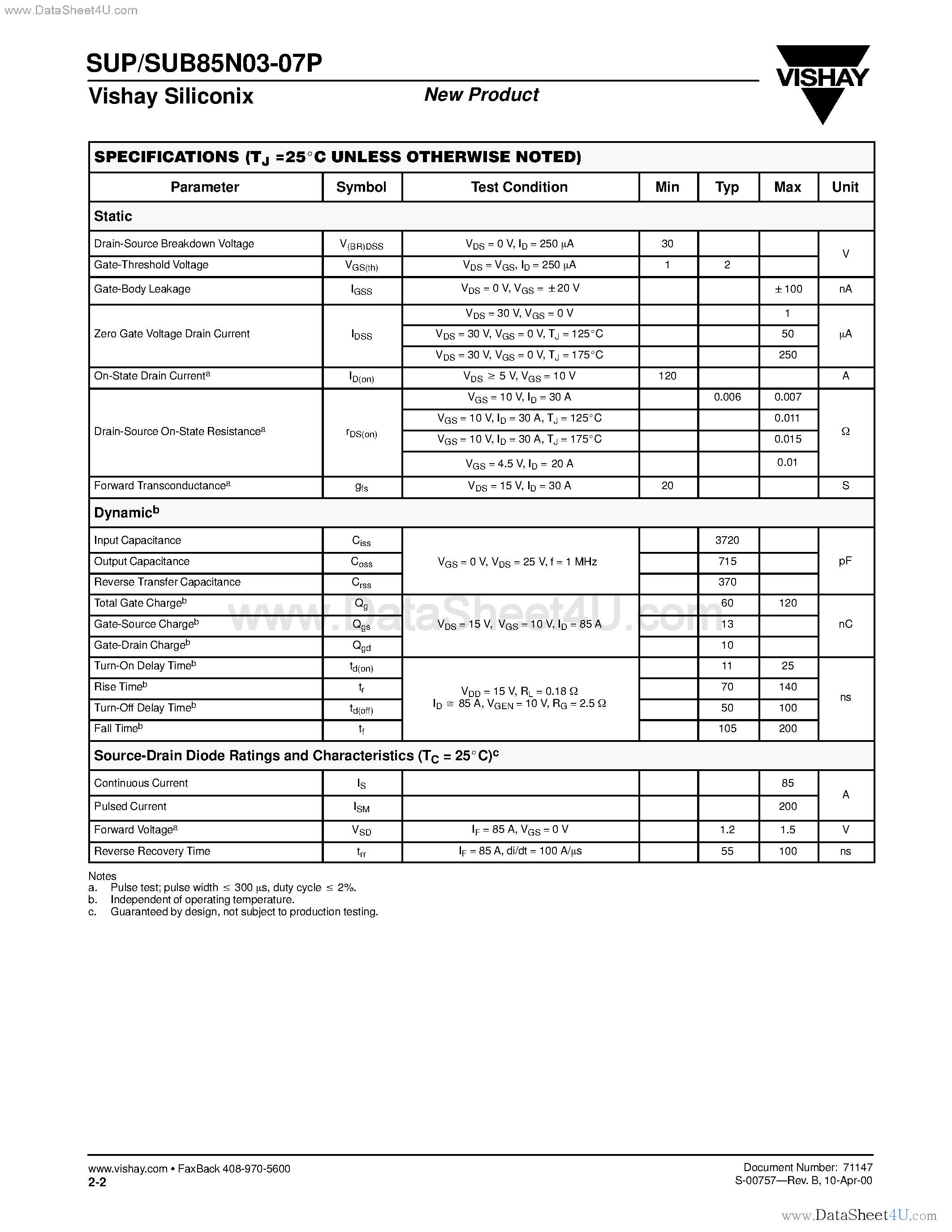 Datasheet SUB85N03-07P - N-Channel MOSFET page 2
