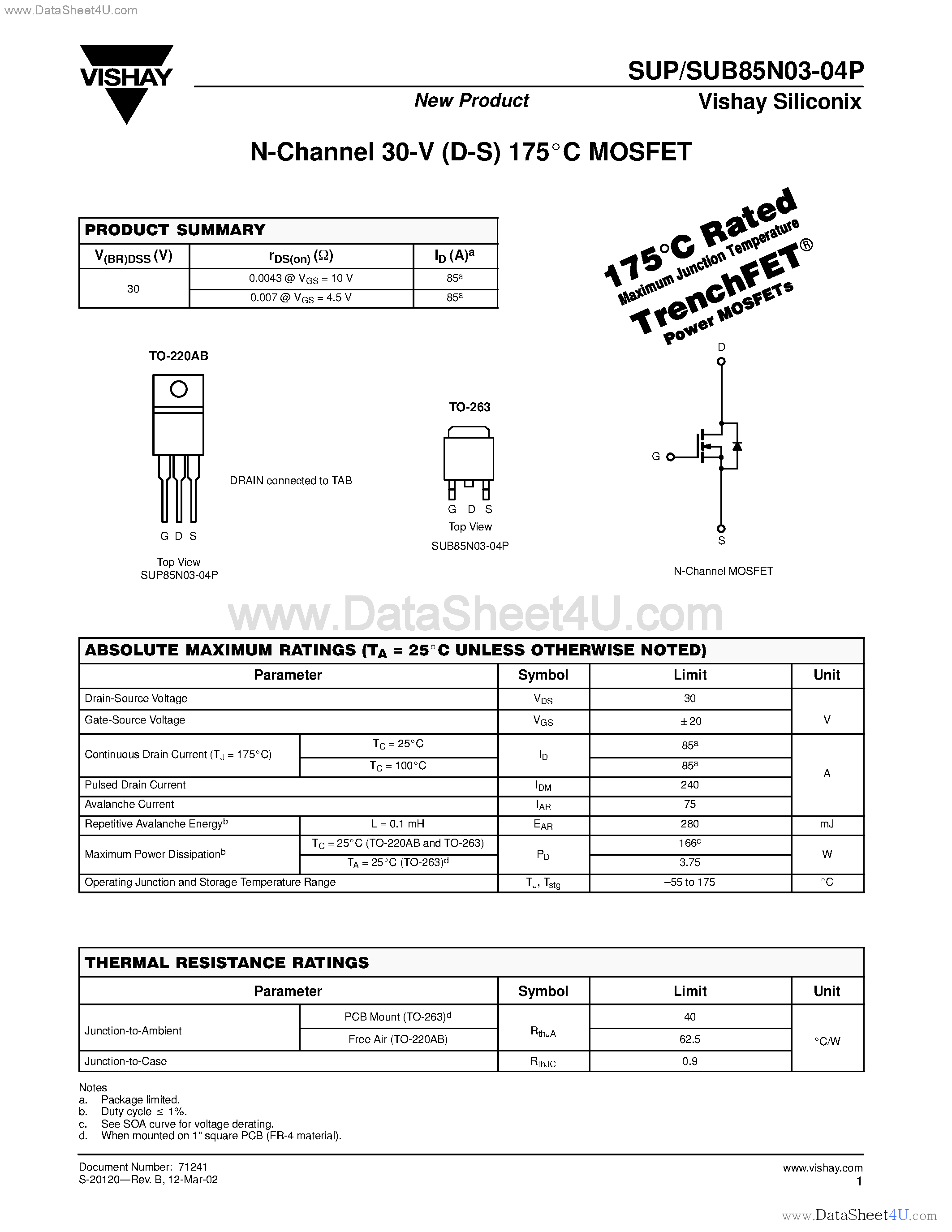 Datasheet SUB85N03-04P page 1 Datasheet SUB85N03-04P - N-Channel MOSFET page 1