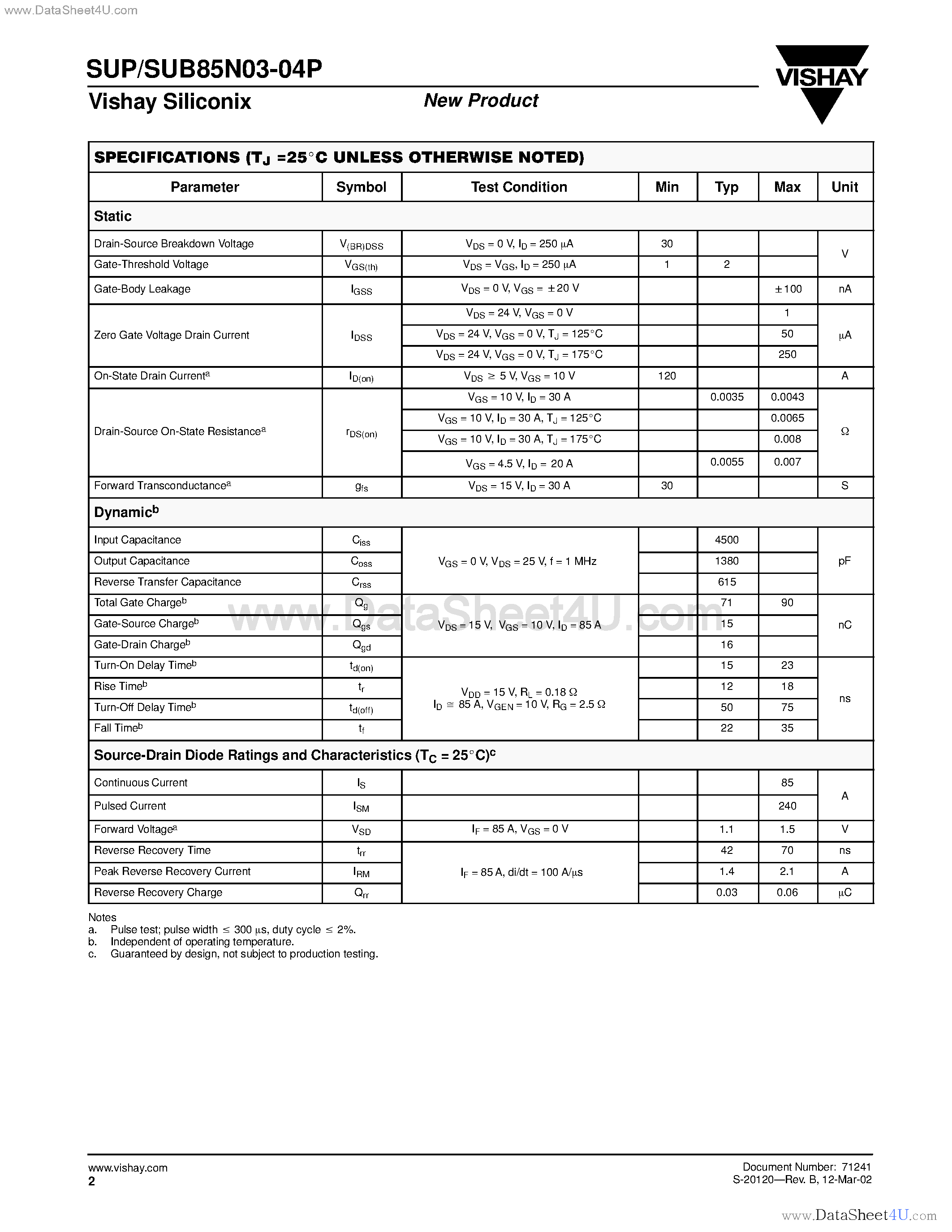 Datasheet SUB85N03-04P page 2 Datasheet SUB85N03-04P - N-Channel MOSFET page 2