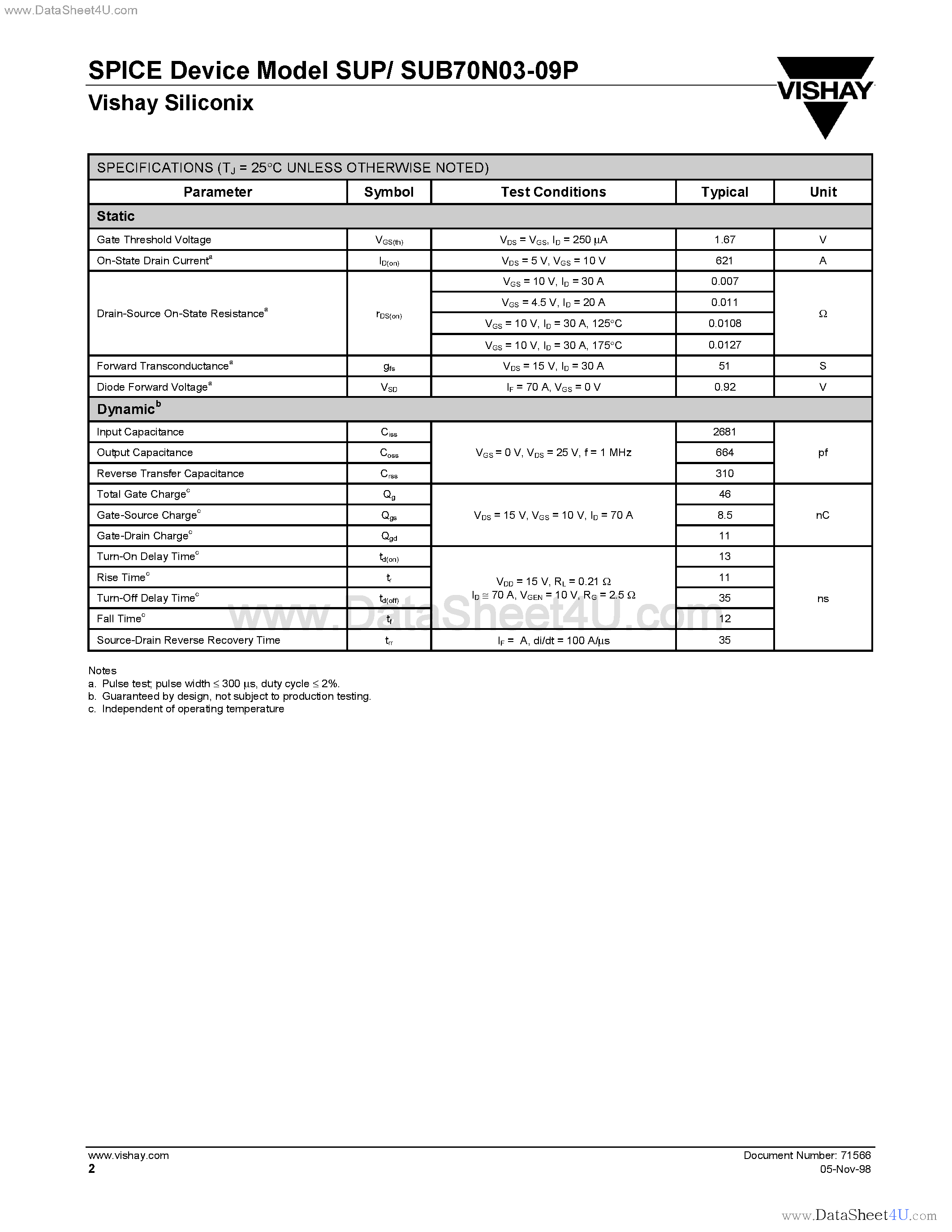 Datasheet SUB70N03-09P page 2 Datasheet SUB70N03-09P - N-Channel MOSFET page 2