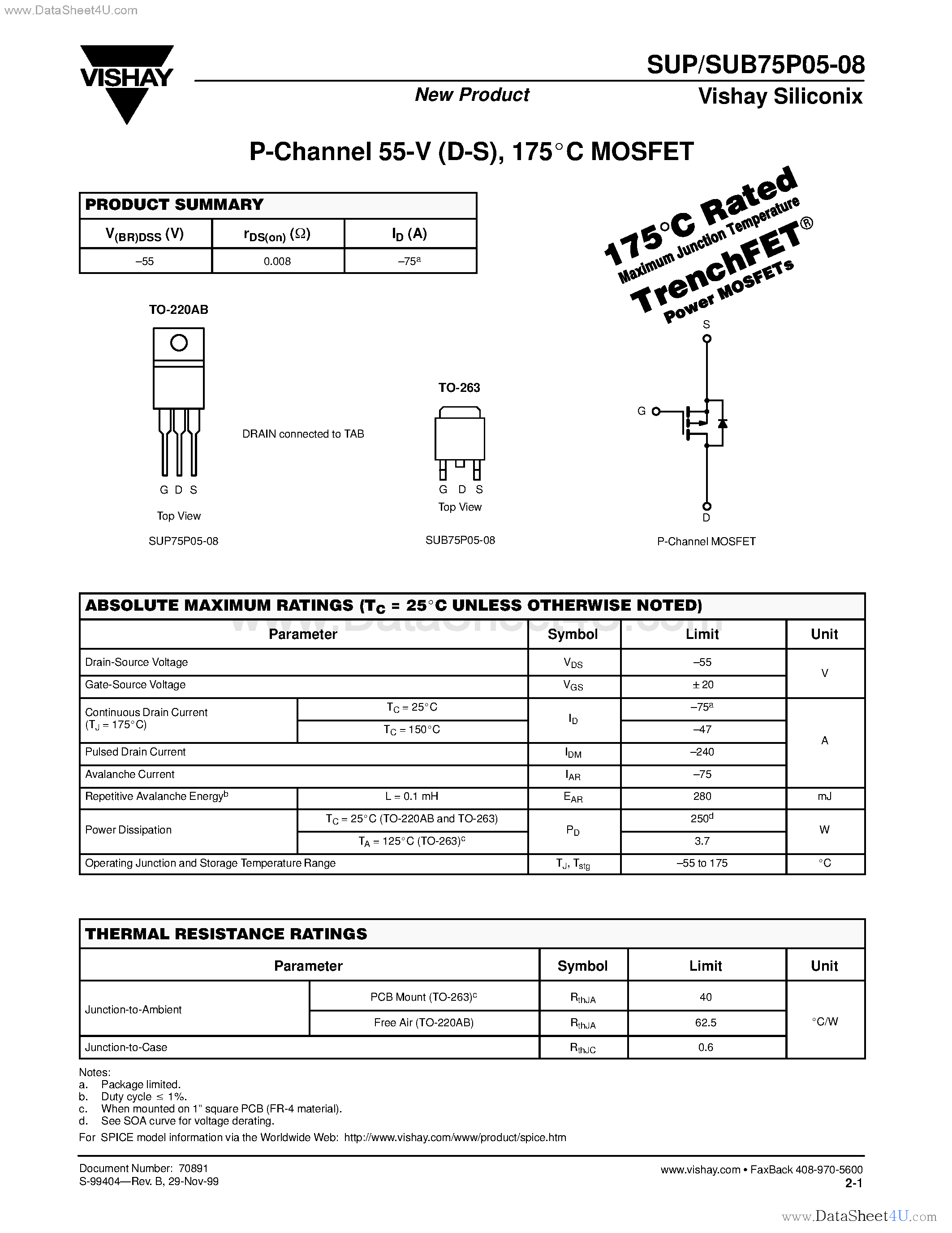 Даташит на микросхему SUB75P05-08 страница 1 Даташит SUB75P05-08 - P-Channel MOSFET страница 1