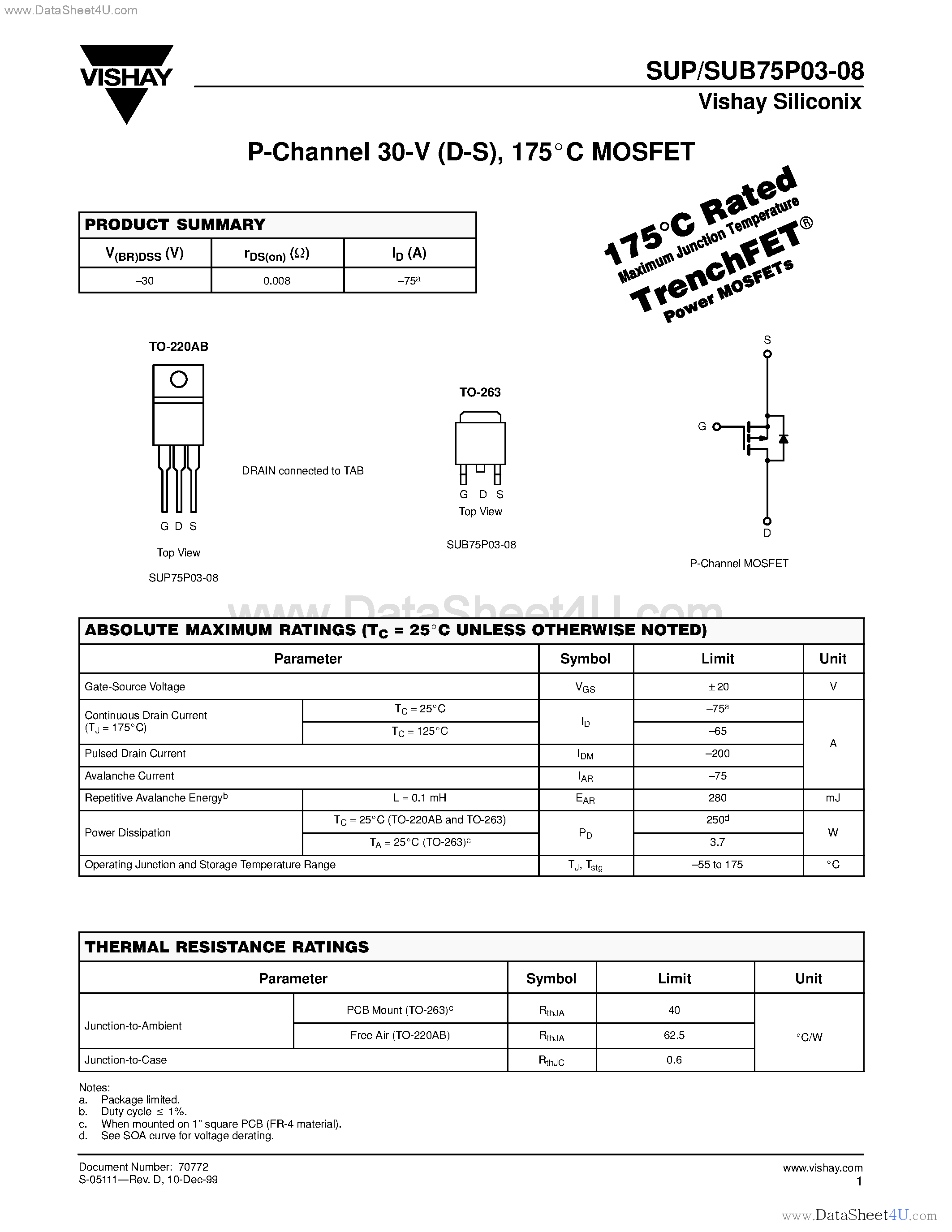 Datasheet SUB75P03-08 - P-Channel MOSFET page 1
