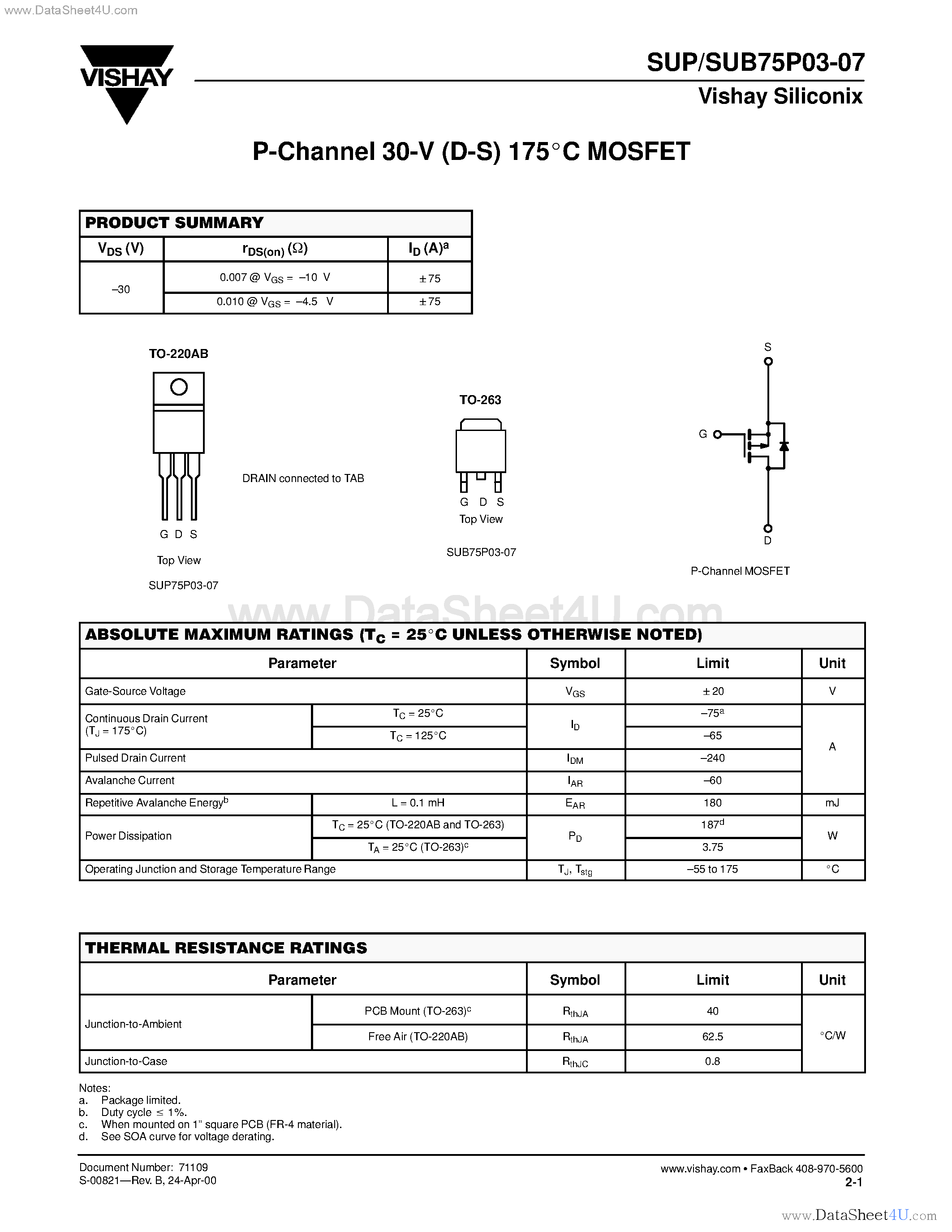 Datasheet SUB75P03-07 - P-Channel MOSFET page 1