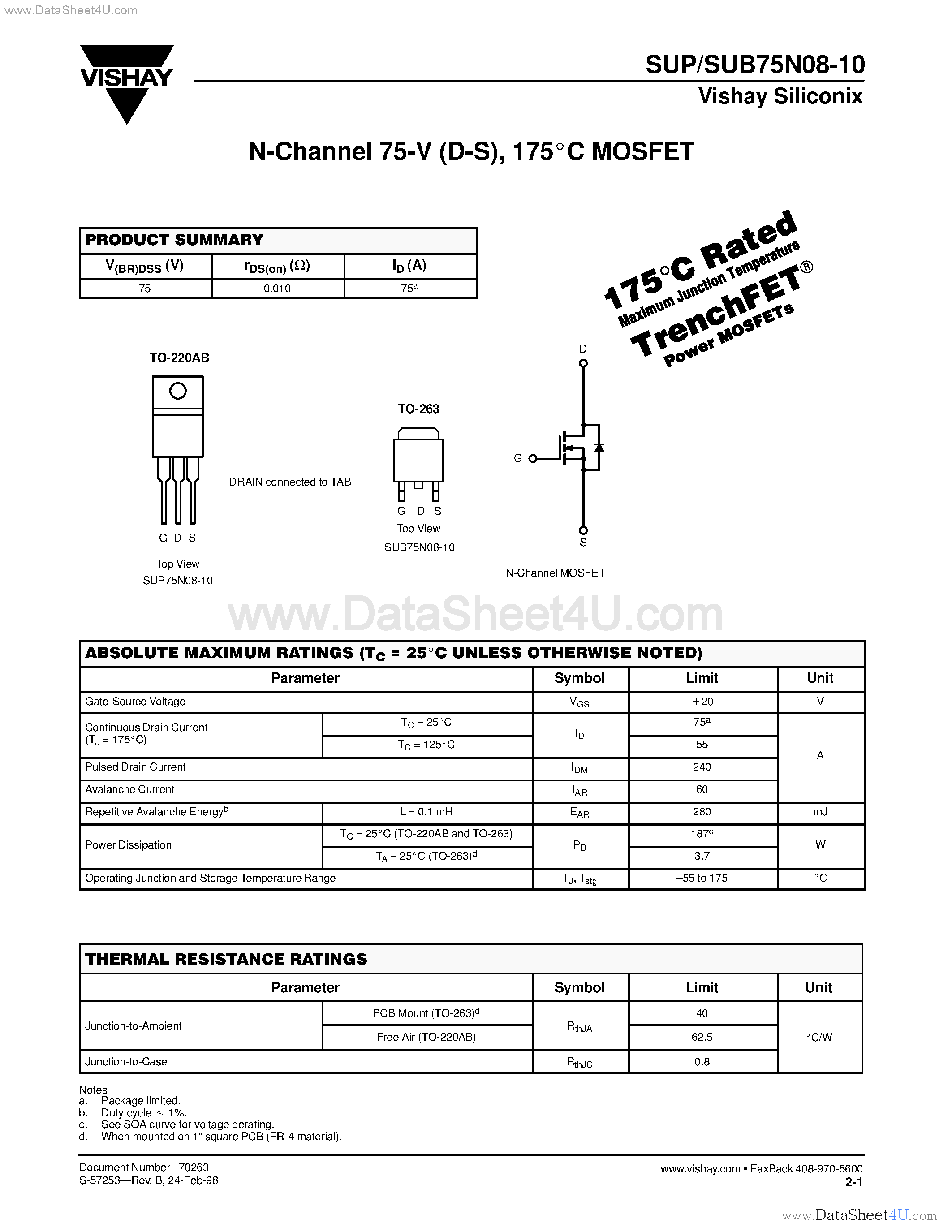 Datasheet SUB75N08-10 page 1 Datasheet SUB75N08-10 - N-Channel MOSFET page 1