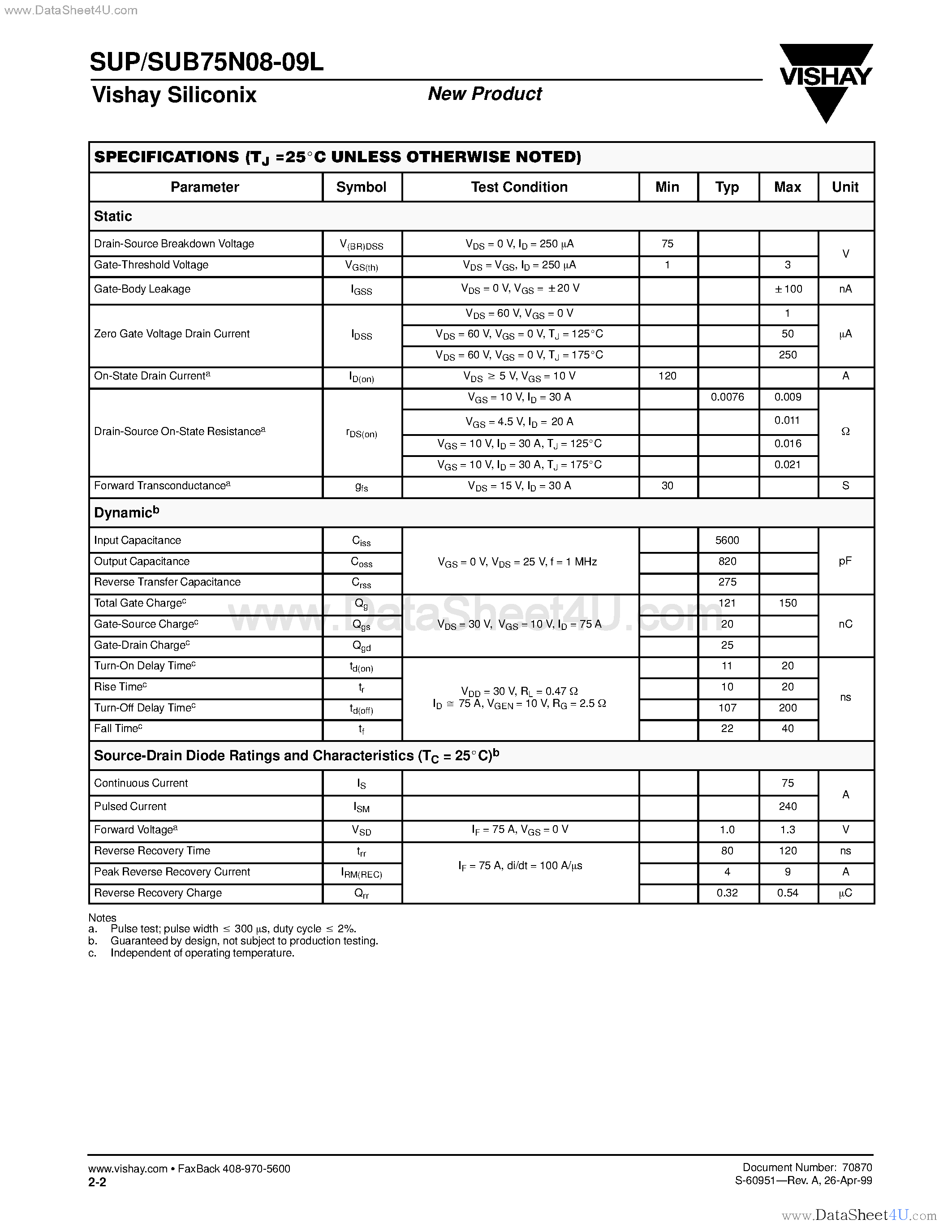 Datasheet SUB75N08-09L page 2 Datasheet SUB75N08-09L - N-Channel MOSFET page 2