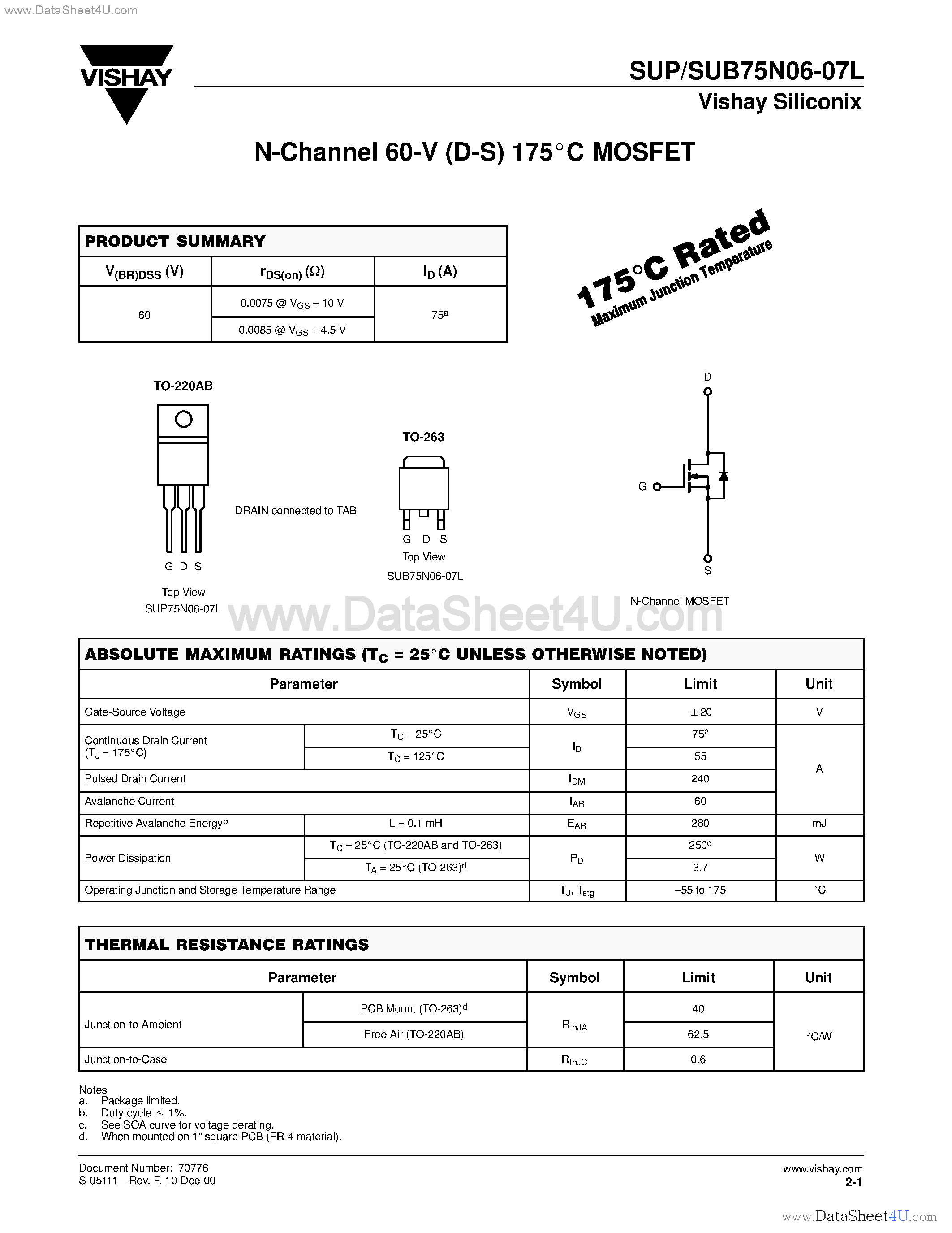 Datasheet SUB75N06-07L - N-Channel MOSFET page 1